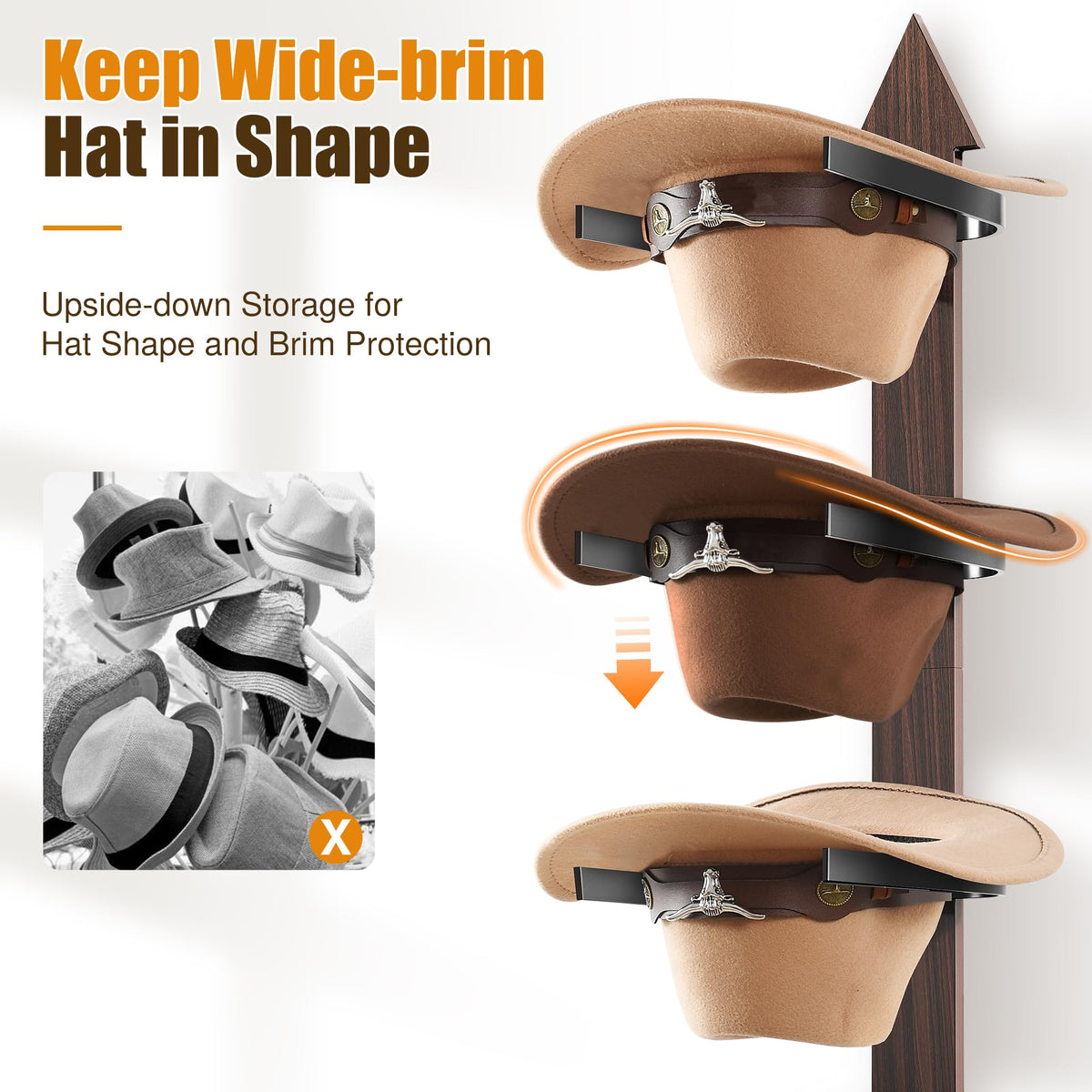 Cinati Cowboy Hat Rack, Cowboy Hat Holder Wall Mount Holds Up To 4 Hats, Wooden Western Rustic Metal Cowboy Hat Hanger With Arro