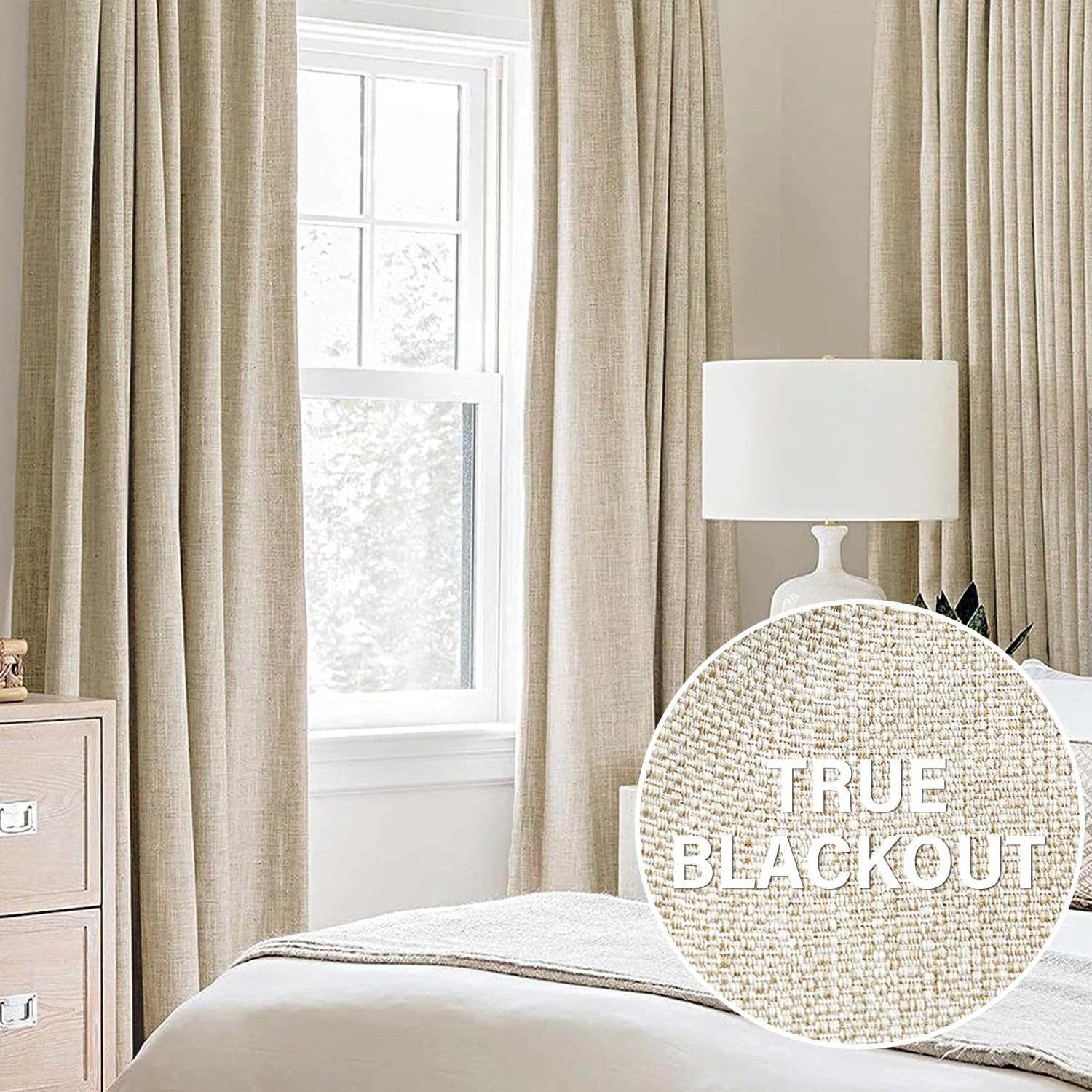 Natural Beige Full Blackout Window Curtain Panels 63 Inches Long Burlap Linen Textured, Short Thermal Insulated Burlap Linen Bed
