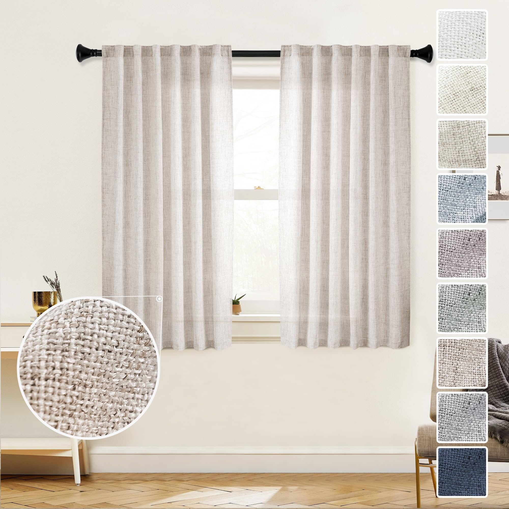 MEETBILY Short Linen Curtains 45 Inch Length for Kitchen Cafe Window Bathroom 2 Panels Set Back Tab Pocket Farmhouse Boho Light 