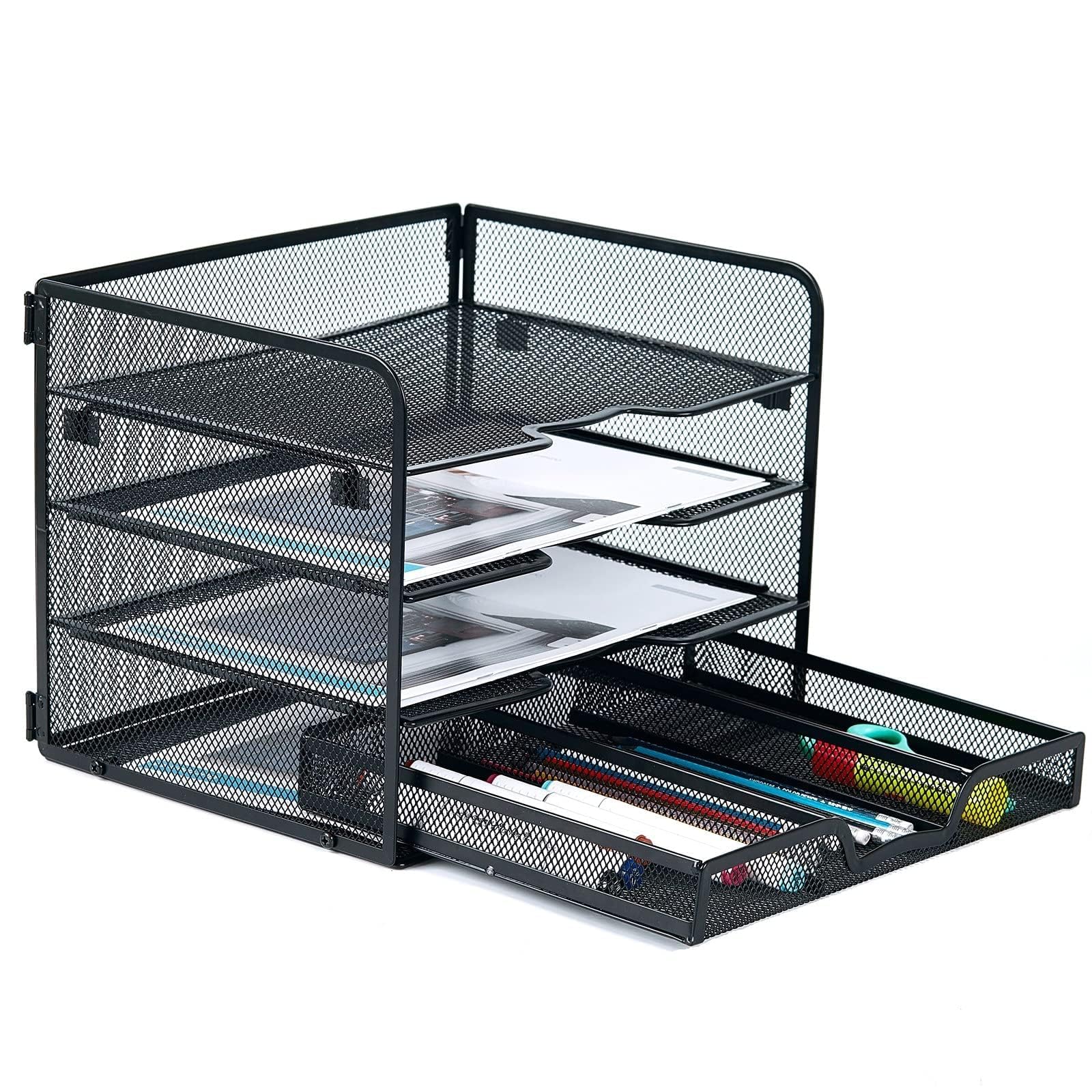 Settfrfe 4-Tier Mesh Paper Letter Tray,Desk File Organizer With A Sliding Drawer,Office Supplies Desk Organizer For Home Office,