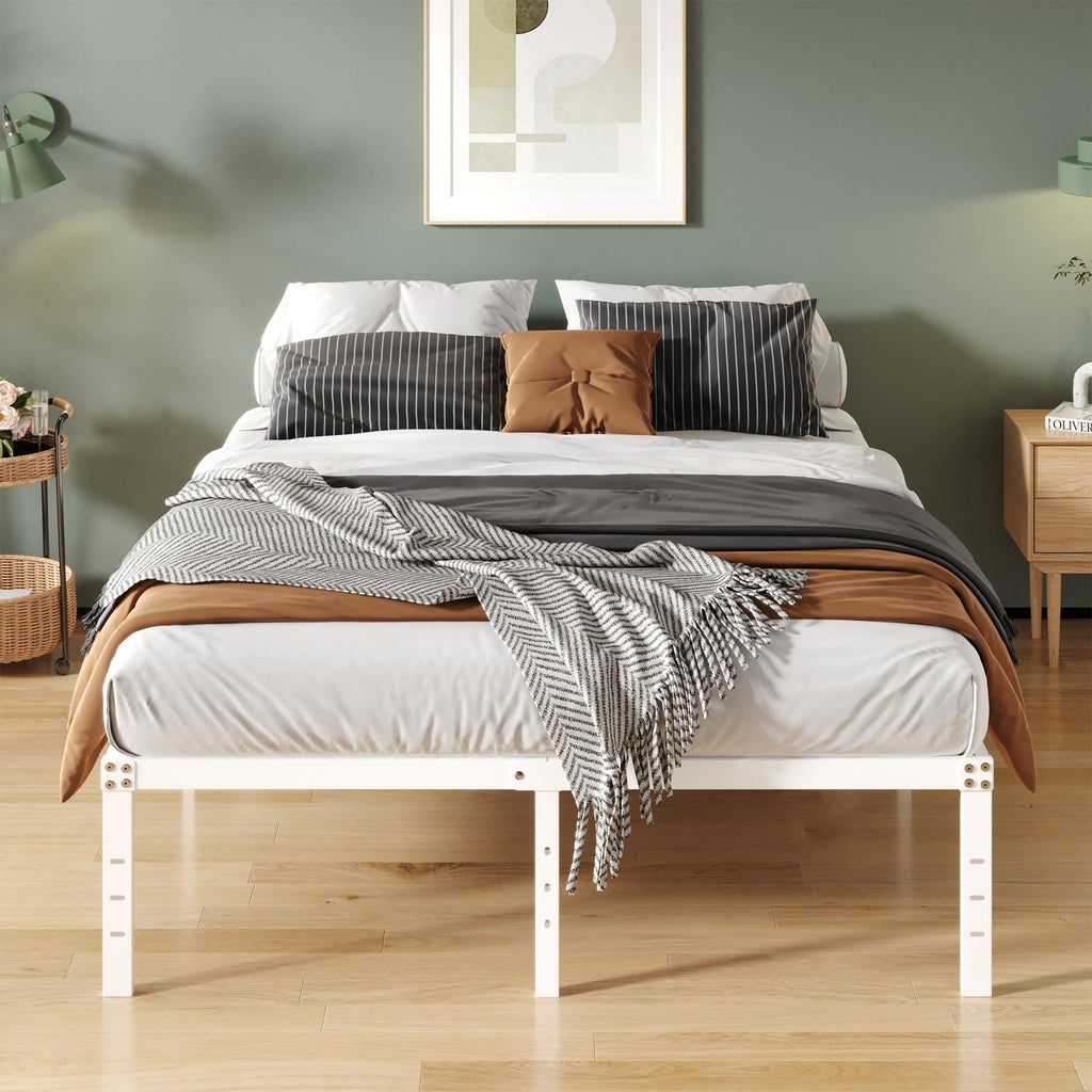 Upcanso 16 Inch White Queen Bed Frame No Box Spring Required, Metal Platform Queen Size Bed Frames With High Storage, Eassy Assembly 3,500 Lbs Heavy Duty Bedframes