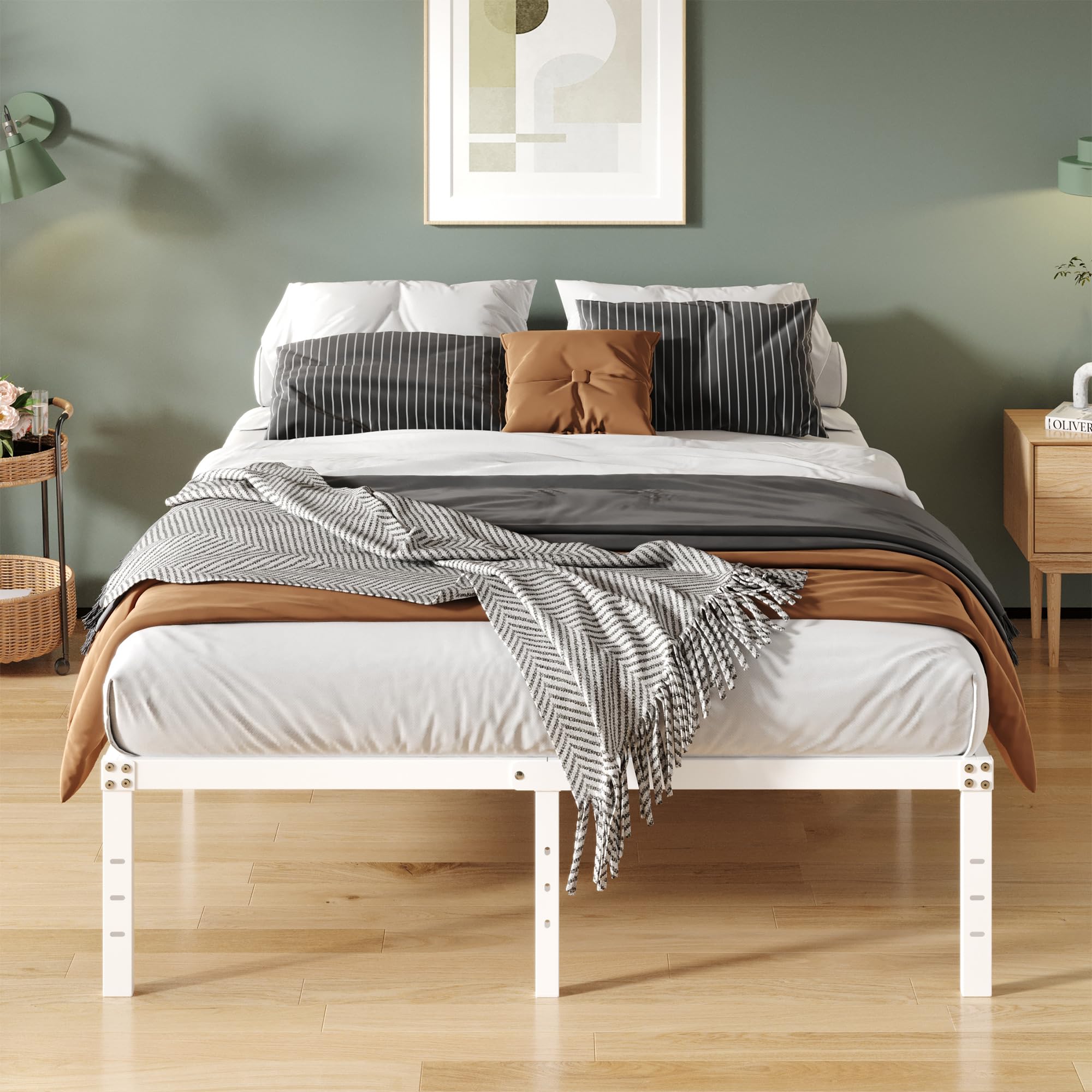 Upcanso 16 Inch White Queen Bed Frame No Box Spring Required, Metal Platform Queen Size Bed Frames With High Storage, Eassy Assembly 3,500 Lbs Heavy Duty Bedframes