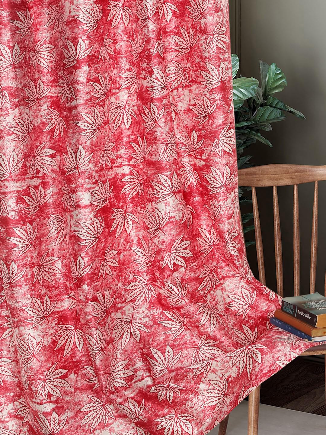 Home Sizzler 2 Pieces Leaf Mist Grommet Eyelet Polyester Window Curtains  5 Feet, Cherry Red