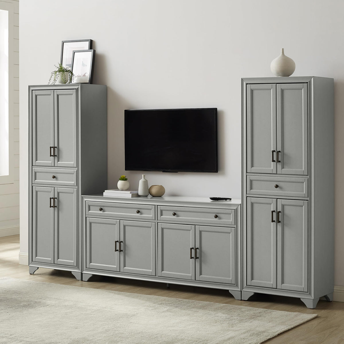 Crosley Furniture Tara 3-Piece Entertainment Center with TV Stand, Storage Cabinets, and Adjustable Shelves, Distressed Gray