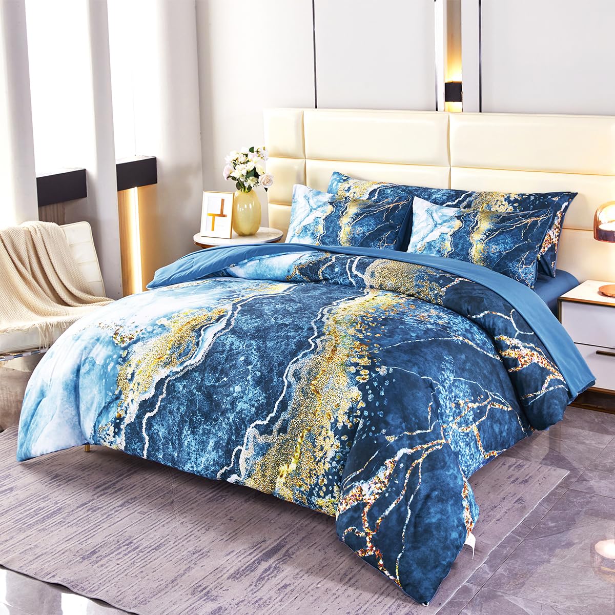 Perfemet 6 Piece Queen Bed In A Bag Set Blue And Gold Comforter Sets Watercolor Marble Bedding Comforter With Sheets Soft Abstra