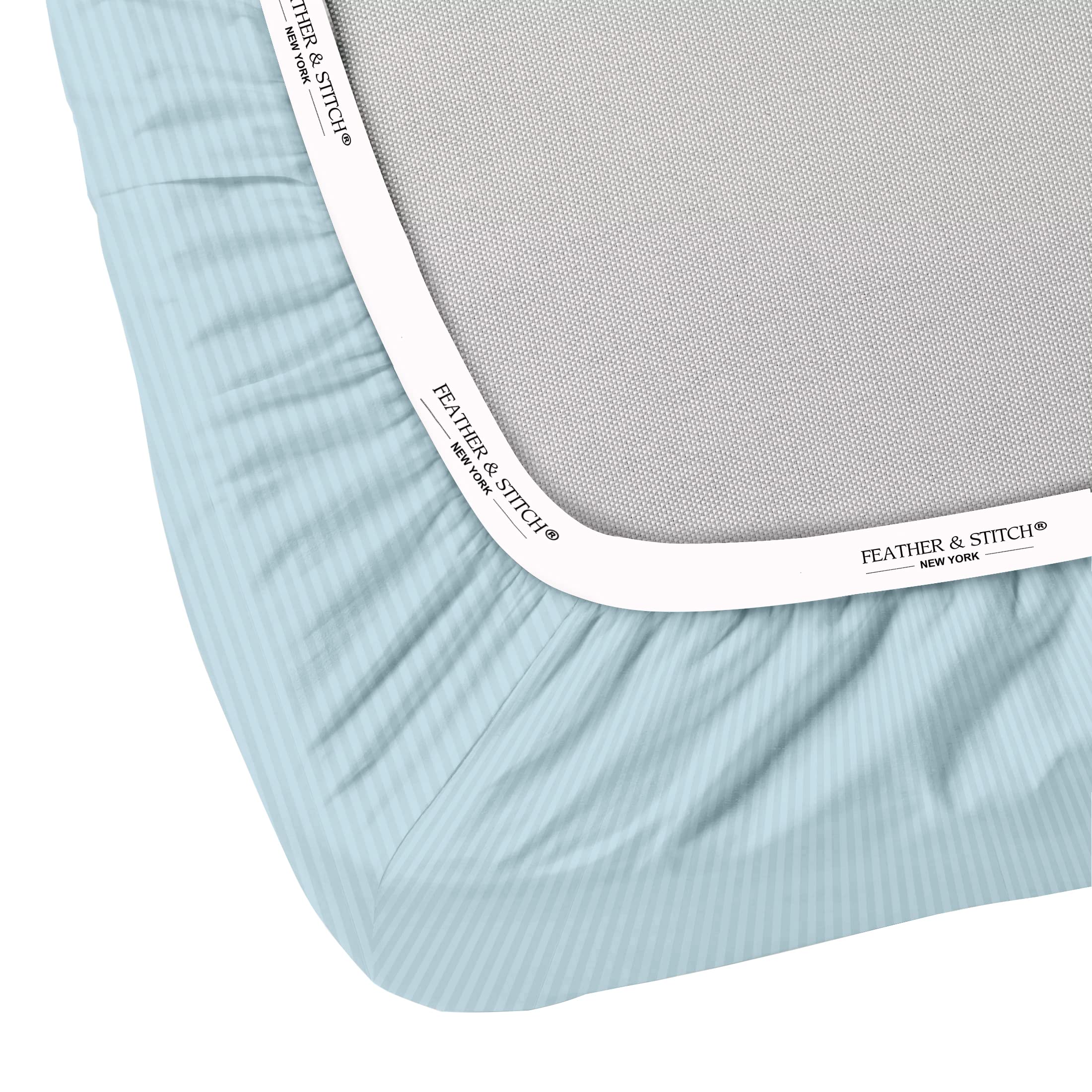 Feather & Stitch 100% Cotton 1 Piece Damask Stripe California King Fitted Sheet 500 Thread Count Aqua 18 Inch Extra Deep Pocket Luxury Sateen Weave Stretchable Boxer Elastic Fits Mattress Perfectly