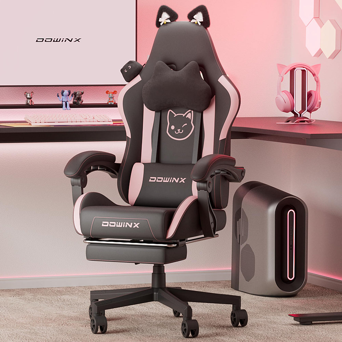 Dowinx Gaming Chair Cute With Cat Ears And Massage Lumbar Support, Ergonomic Computer Chair For Girl With Footrest And Headrest, Comfortable Reclining Game Chair 290Lbs For Adult, Teen, Black