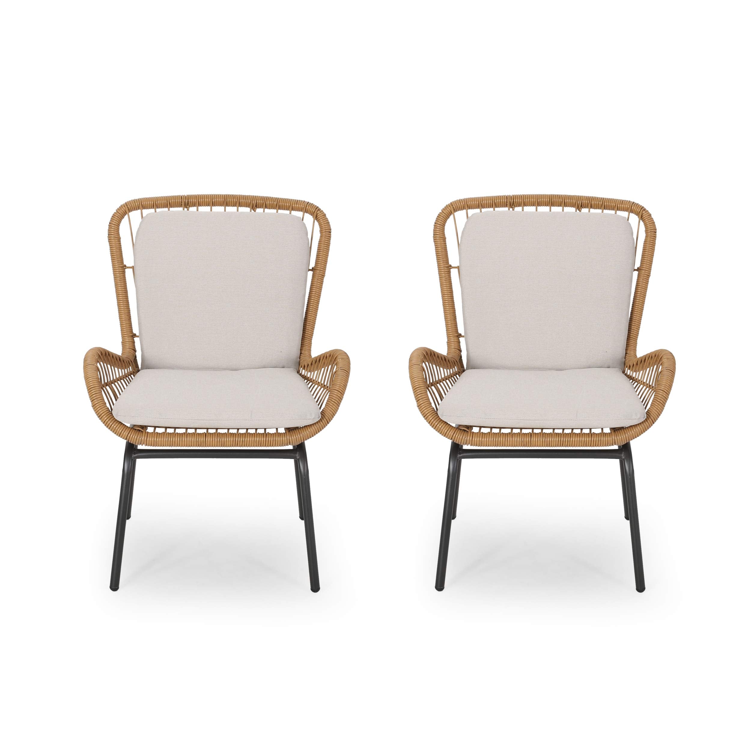 Great Deal Furniture Gdfstudio Outdoor Wicker Club Chair With Cushions (Set Of 2), Light Brown And Beige