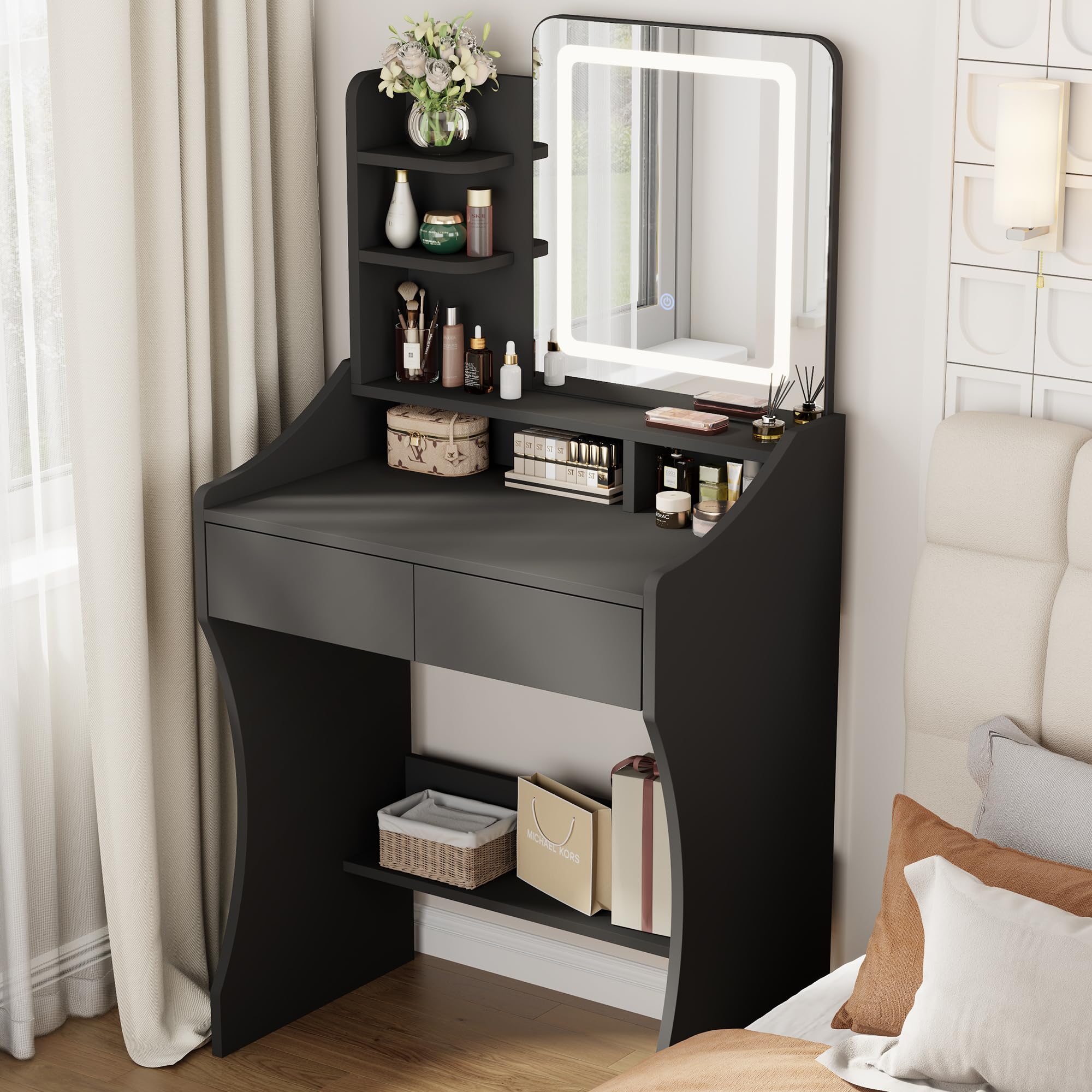Otterease Small Vanity Desk, Makeup Vanity with Mirror and Lights, Vanity Desk with Drawer & 3 Storage Shelves, Pink Makeup Vani