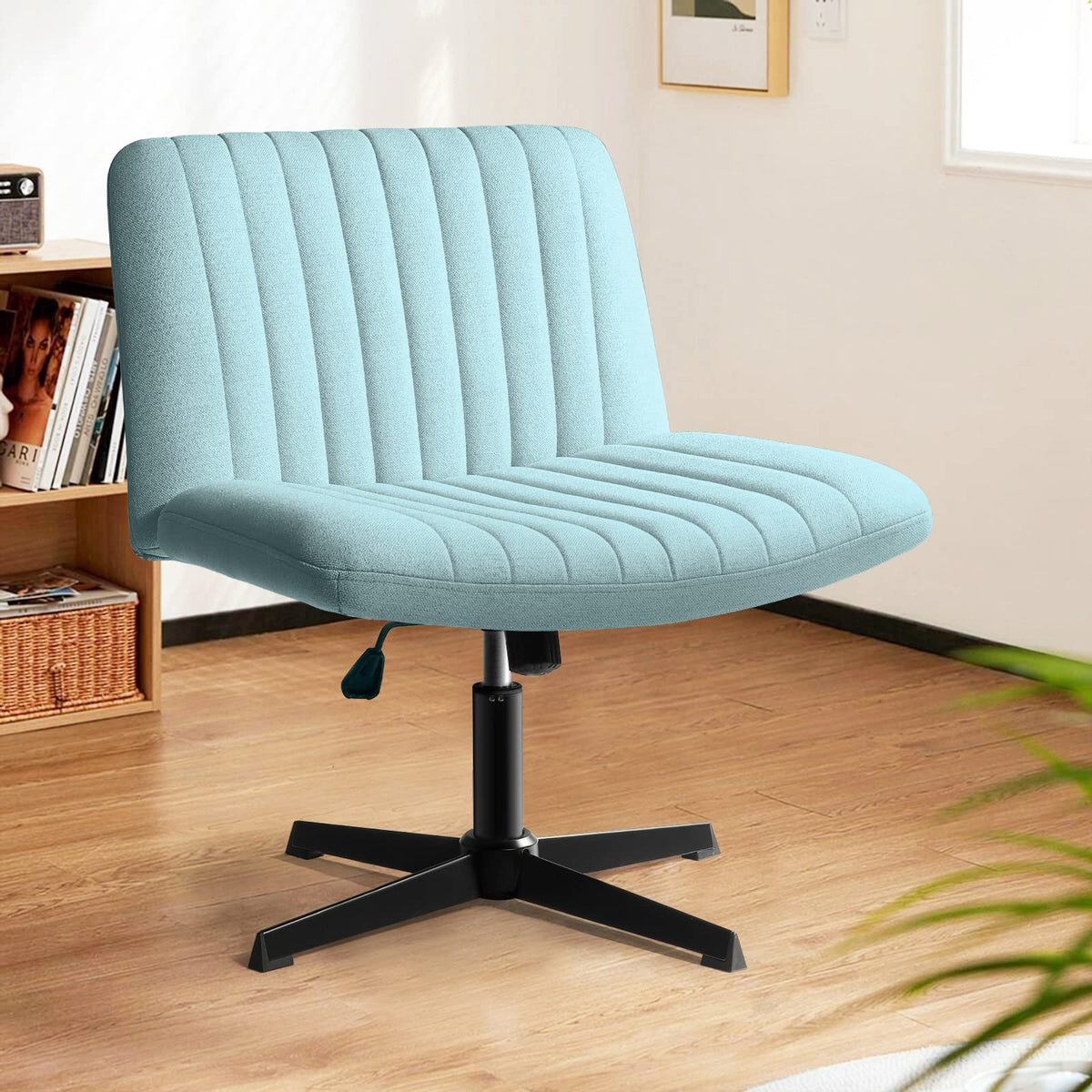 Lemberi Fabric Padded Desk Chair No Wheels, Armless Wide Swivel Home Office Desk Chair,120°Rocking Mid Back Ergonomic Computer Task Vanity Chair For Office, Home, Make Up,Small Space, Bed Room
