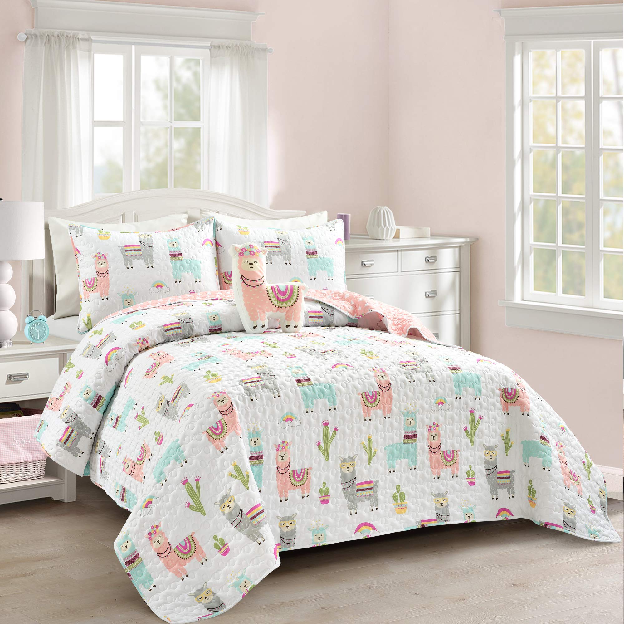 Lush Decor Southwest Llama Cactus Quilt, 4 Piece Set, Full/ Queen, White & Blush - Cute Kids Reversible Boho Toddler Bedding Set