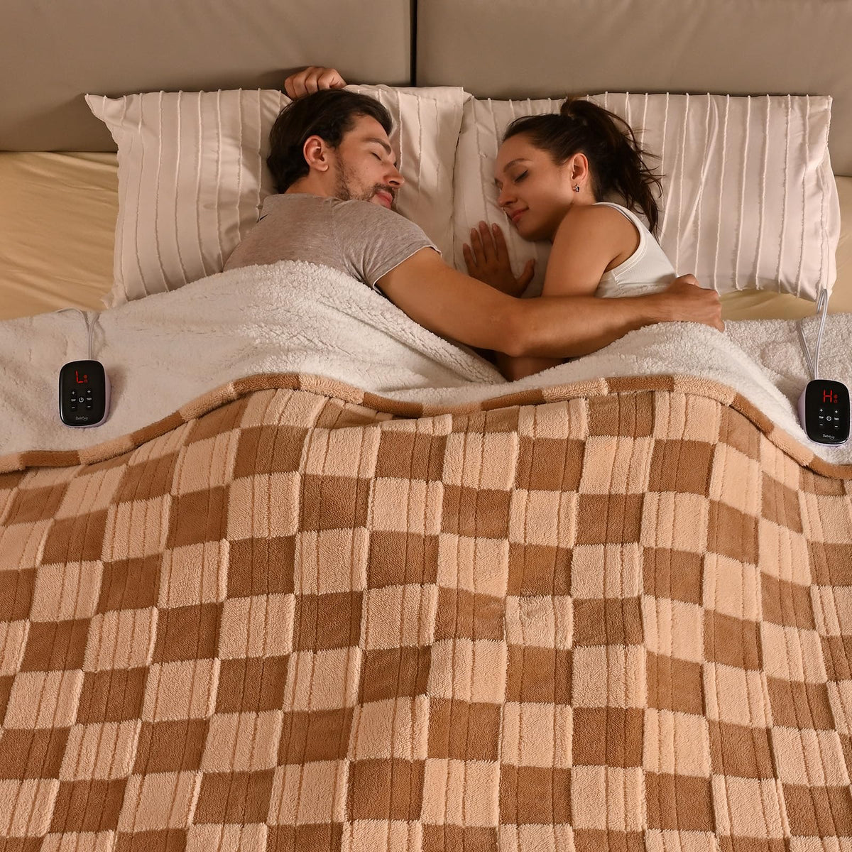 Bearhug Heated Blanket King Size 100' X 90' Dual Controller Electric Blanket, Reversible Brown Plaid Sherpa Weighted Heating B