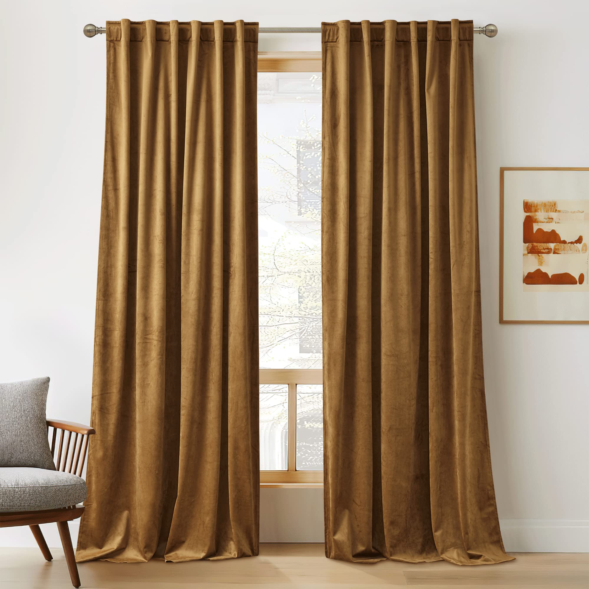 Ryb Home Velvet Closet Curtains 84 Inches, Room Darkening Thermal Insulated Privacy Back Tab Drapes For Doorway Enterway, Dormitory, Gold Brown, W 42 X L 84 Inches, 2 Panels Set