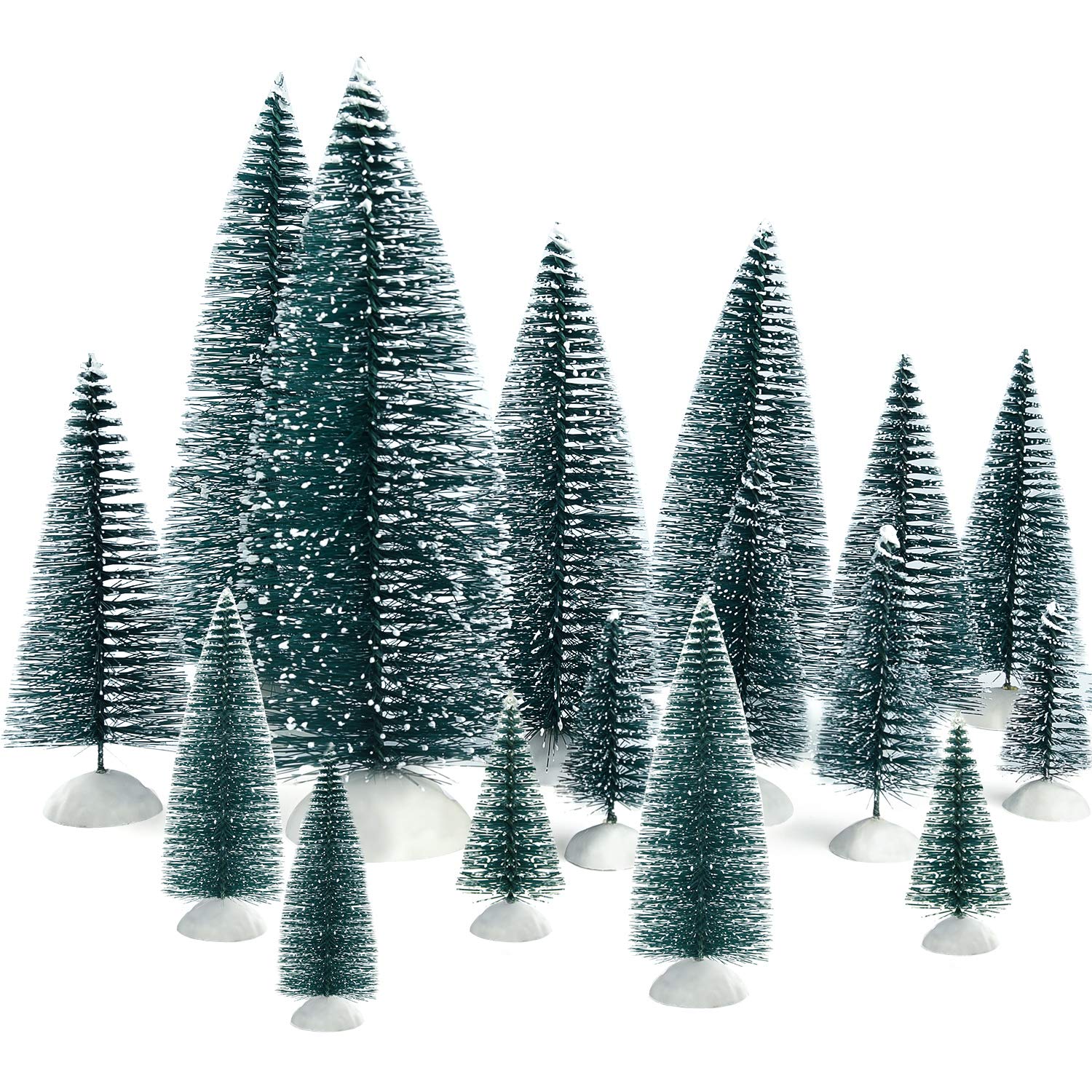 KUUQA 46Pcs Mini Christmas Trees Bottle Brush Trees Miniature Sisal Snow Frost Trees Tabletop Trees with White Base Diorama Mode