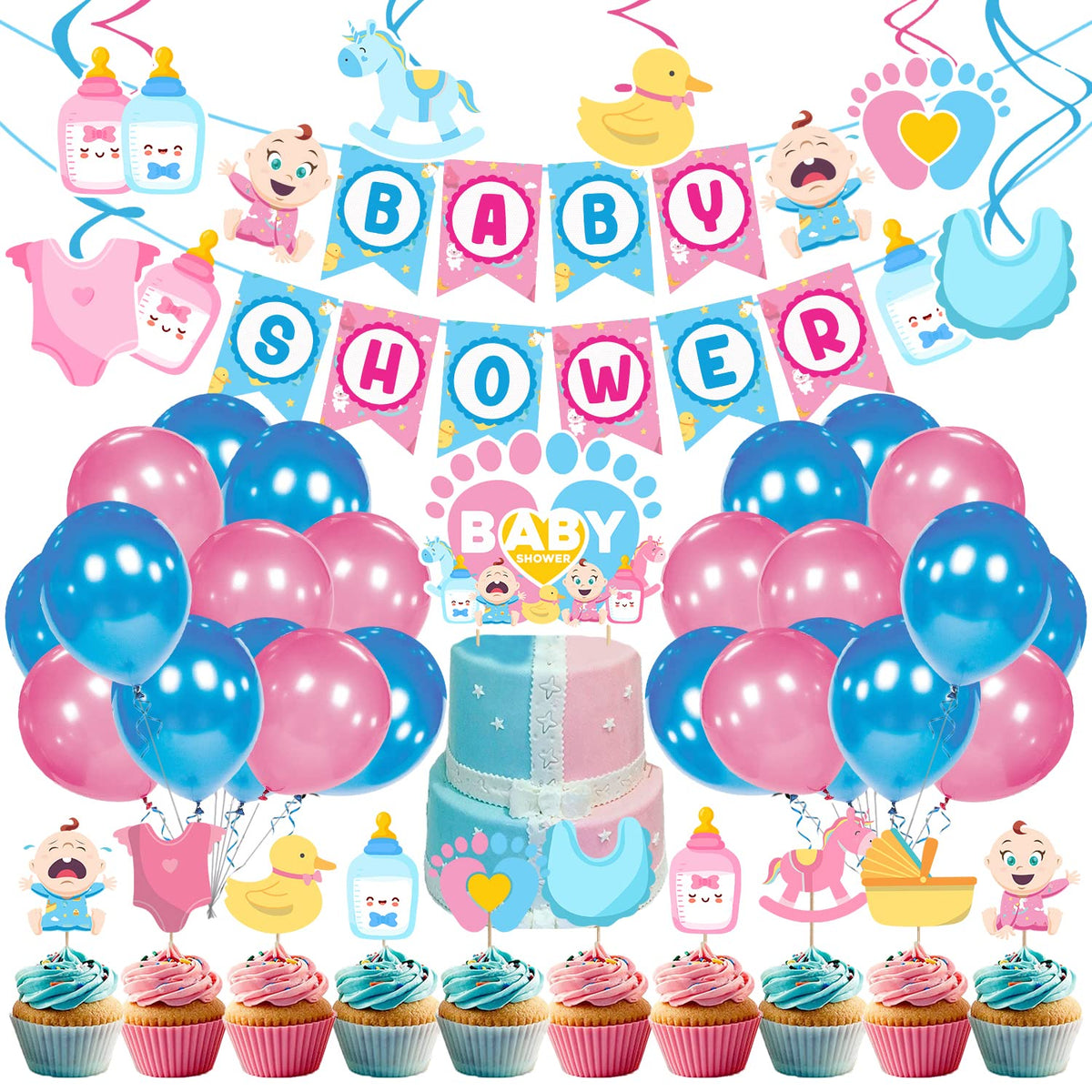Zyozique Baby Shower Decorations,Baby Shower Party Supplies Included Baby Shower Letter Paper Banner,Hanging Swirls ,Cake Topper