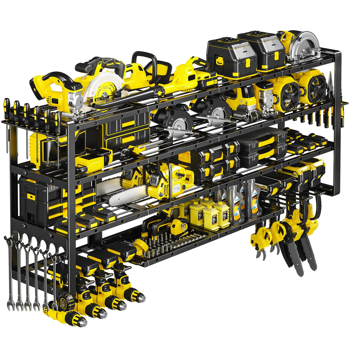 POKIPO Extra Large 64 W Power Tool Organizer Wall Mount, Load 1000 lbs, Heavy Duty 4 Tier Garage Storage Rack with 8 Drill Holde