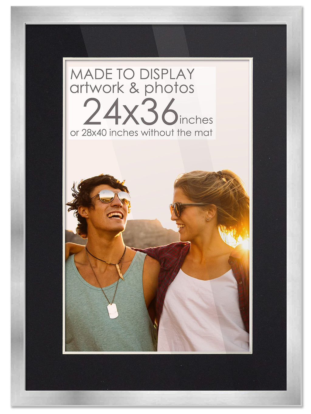 24x36 Frame Silver Wood with Black Mat | 28x40 Frame Matted to 24x36 | Display Your Print Under UV Acrylic Shatter Guard Front, 