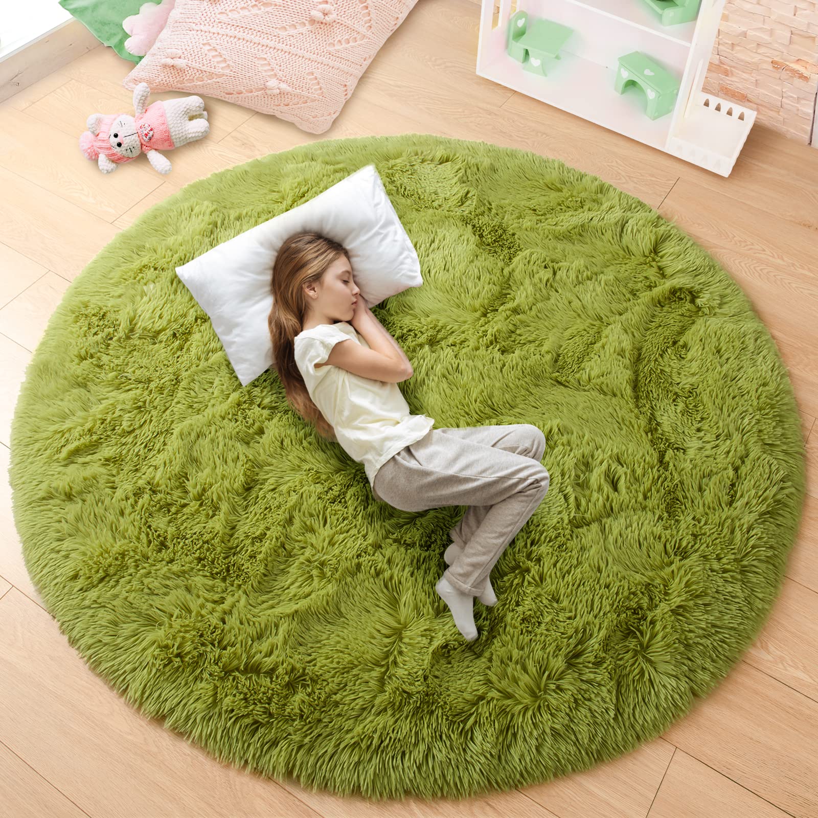 junovo Round Rug, 4ft, Green, Soft Area Rugs for Kids Girls Room Decor, Fluffy Shaggy Carpet, Circular Nursery Rug for Baby Room