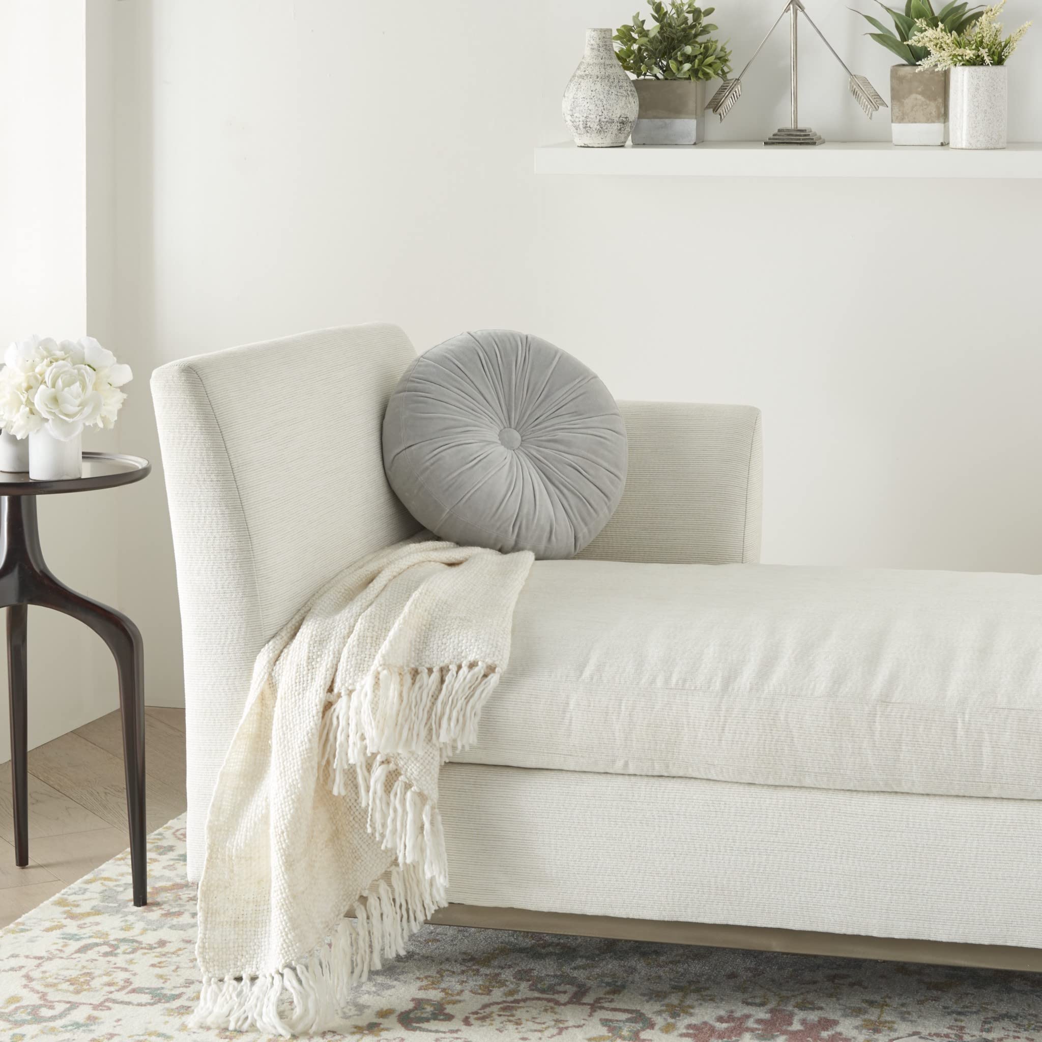HomeRoots Rose Gold Cotton Velvet Light Gray Tufted Round Throw Pillow