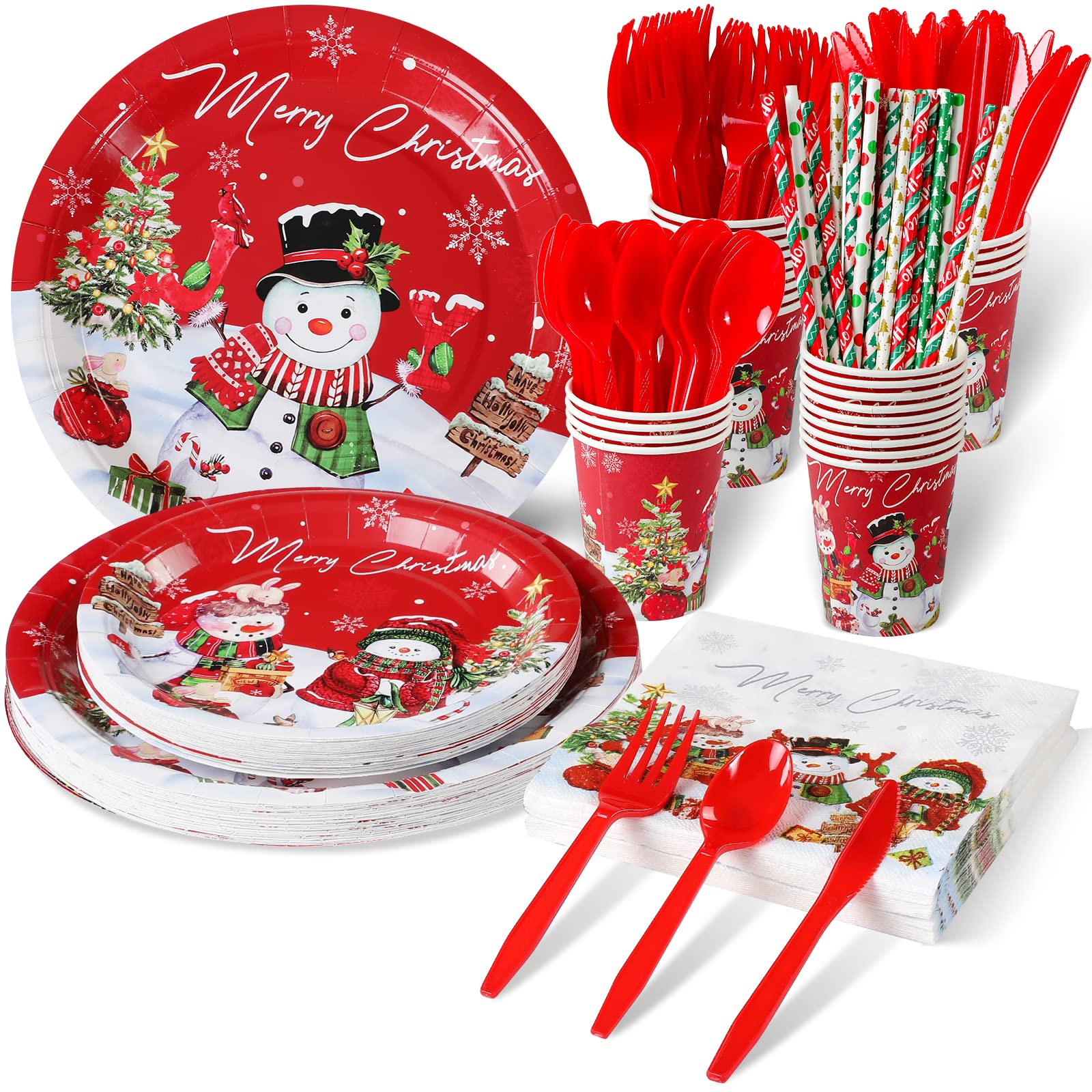 Christmas Snowman Party Supplies, Christmas Snowman Plates and Napkins Set, Disposable Paper Plates Napkins Cups Knives Spoons F