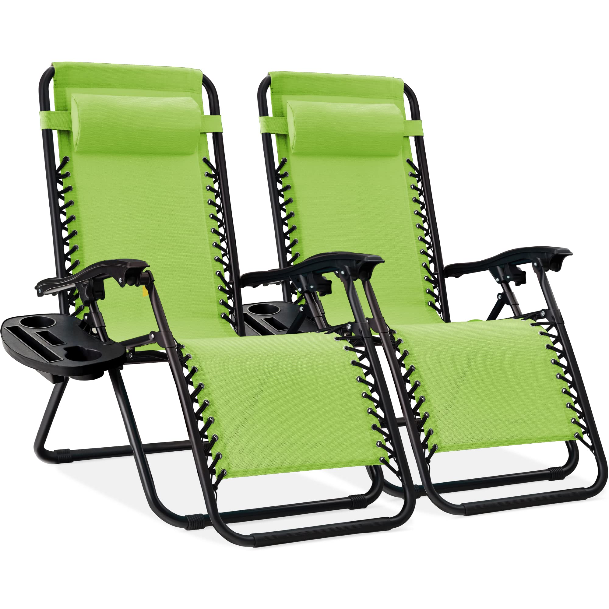 Best Choice Products Set of 2 Adjustable Steel Mesh Zero Gravity Lounge Chair Recliners w/Pillows and Cup Holder Trays - Lime Gr