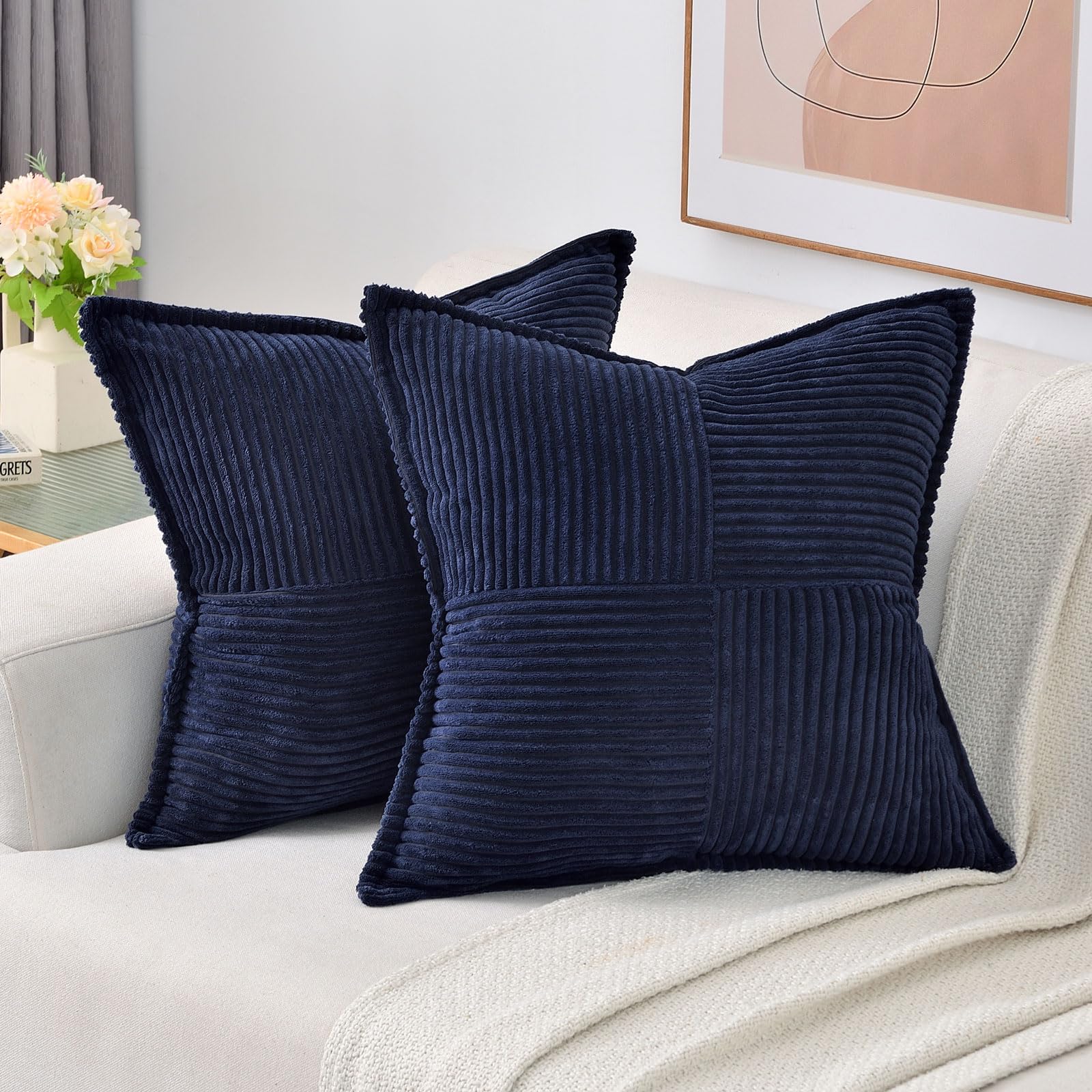 Haussy Navy Blue Throw Pillow Covers 22X22 Inch Set Of 2, Soft Corduroy Solid Striped,Square Decorative Cushion Case,Winter Home