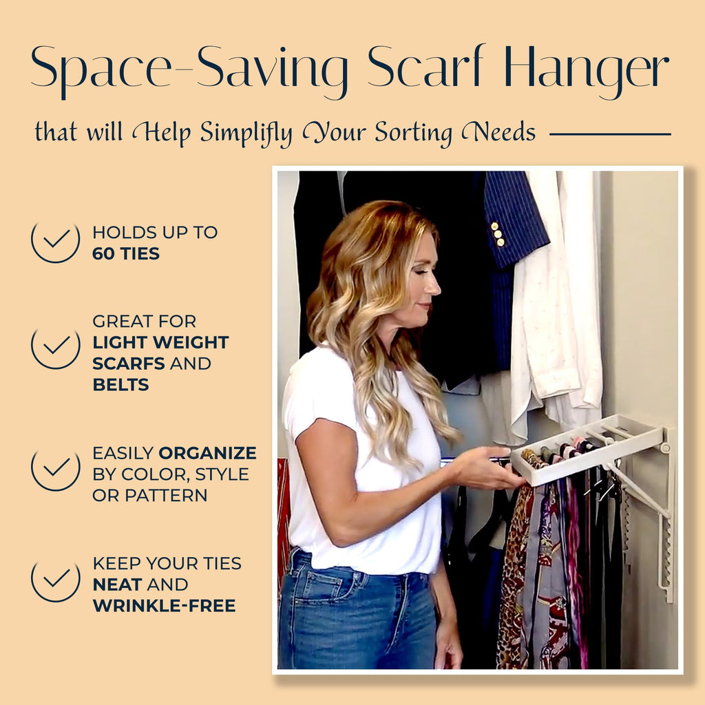 TieMaster Tie Rack and Scarf Organizer, Battery-Free, Holds 60 Ties and Scarves with 5 Belt Hooks, Plastic, Black