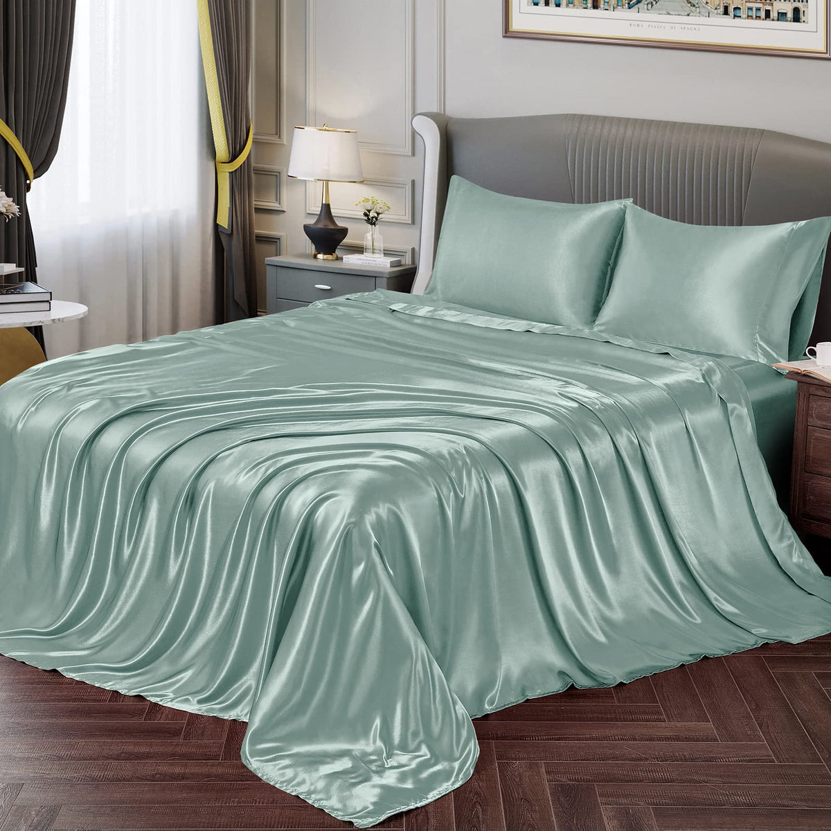 Vonty Satin Sheets Twin Silky Soft Satin Bed Sheets Mint Green Satin Sheet Set, 1 Deep Pocket Fitted Sheet + 1 Flat Sheet + 1 Pi
