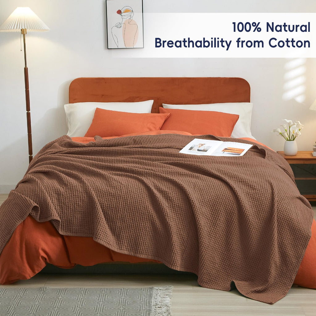 Phf 100% Cotton Waffle Weave Blanket King Size 104' X 90' - Lightweight Cozy Washed Soft Breathable Throw - Perfect Layer For Couch Bed Sofa - Elegant Aesthetic Home Decoration Gift - Cappuccino