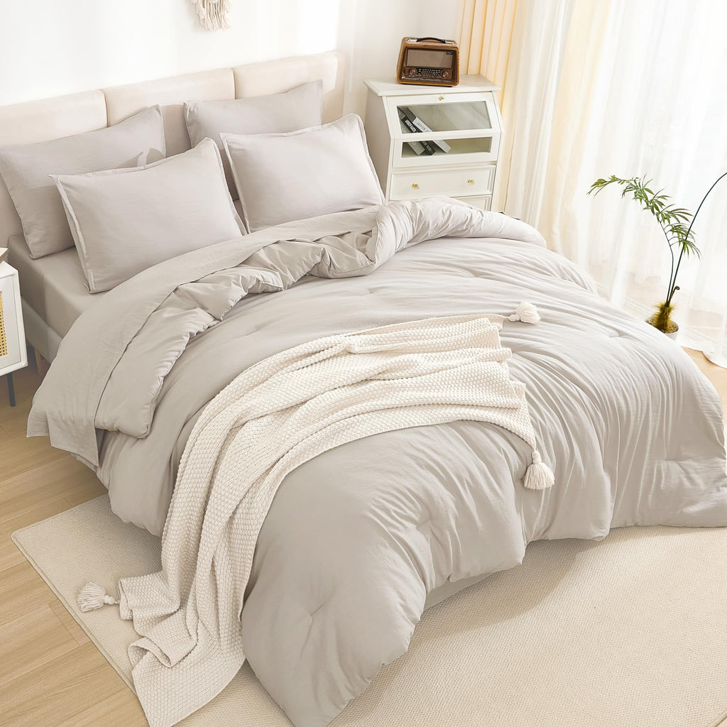 Litanika Queen Comforter Set Linen - 7 Pieces Bed In A Bag Queen Beddding Comforter Sets, Solid Lightweight Bed Set With Comfort