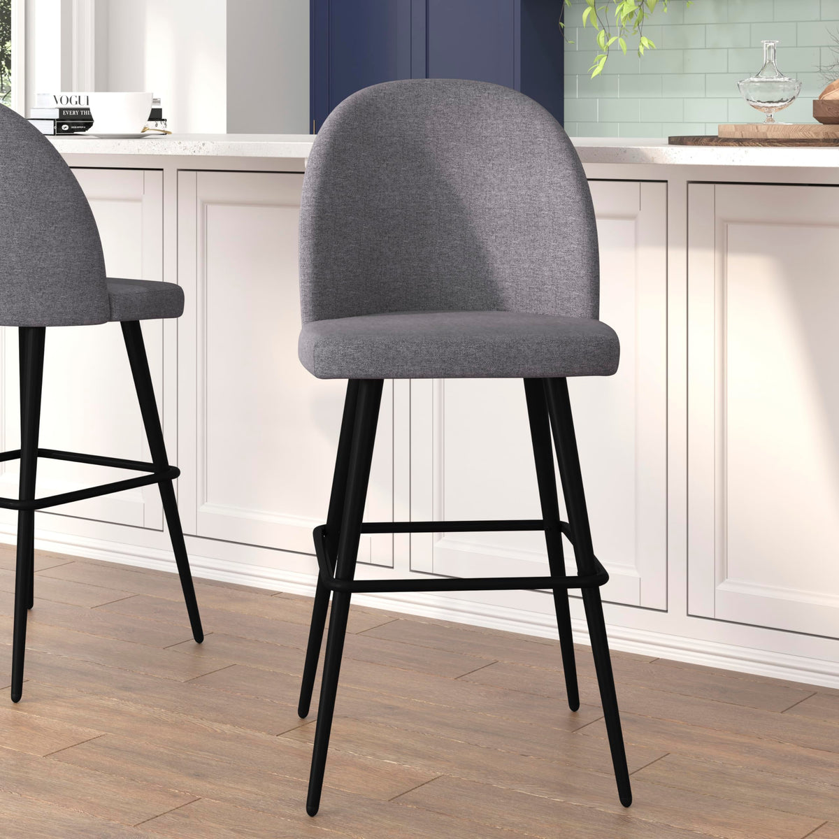 Flash Furniture Lyla Commercial Grade Modern Armless Barstools - Gray Faux Linen Upholstery - 30" Barstool - Contoured Backrest - Steel Frame & Footrest - Set of 2