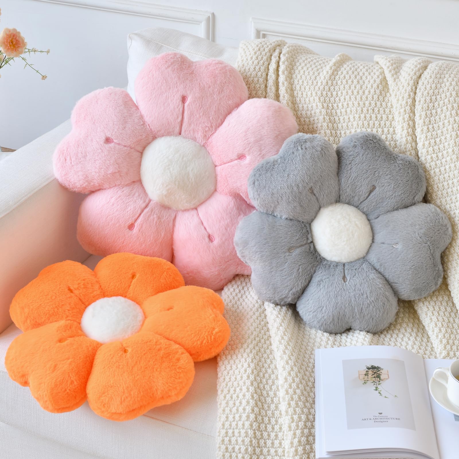 Ddliury Flower Pillow, Flower Shaped Pillow Decorative Throw Pillows For Bed Couch, Cute Daisy Pillow Dorm Decor Floor Seating Cushion (Grey, 15 Inches)