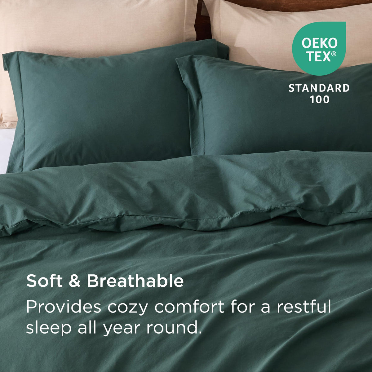 Bedsure 100% Washed Cotton Duvet Cover King Size - Forest Green Minimalist Cotton Duvet Cover Linen Like - Gentlesoft™ Plain Simple Bedding Set With 2 Pillow Shams (Forest Green, King, 104'X90')