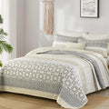 WONGS BEDDING Boho Quilt Set King Size,Beige Bohemian Striped Patchwork Summer Bedspread Set,3 Pieces Microfiber Bedding Set for