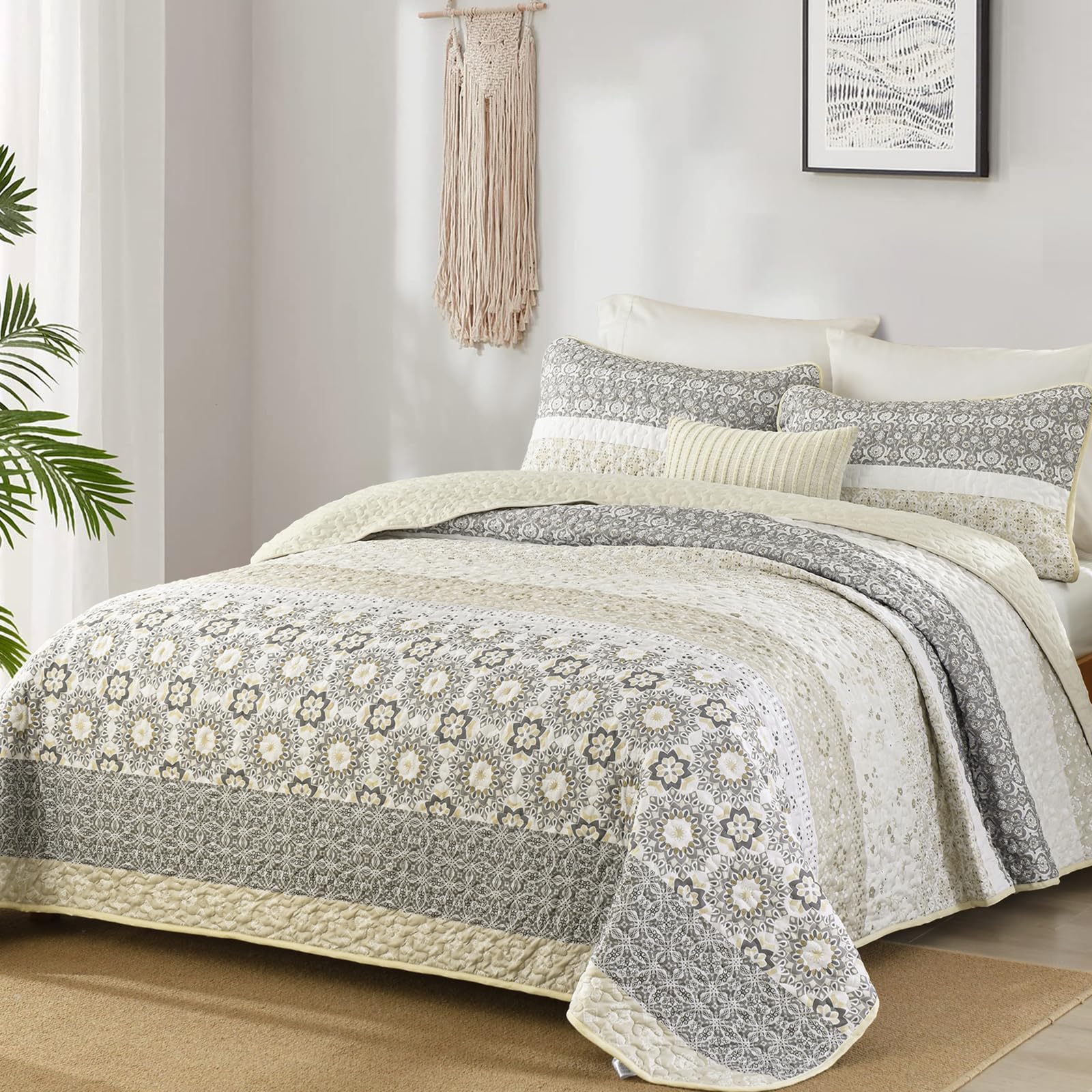 WONGS BEDDING Boho Quilt Set King Size,Beige Bohemian Striped Patchwork Summer Bedspread Set,3 Pieces Microfiber Bedding Set for