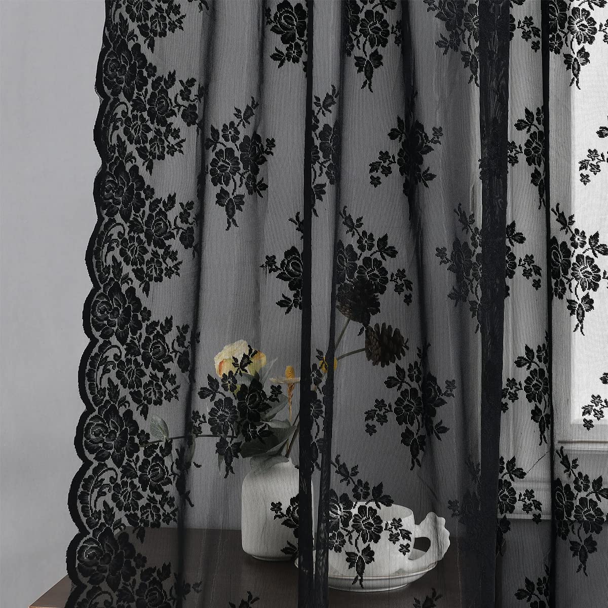 Kotile Black Lace Curtains 80 Inches Long 2 Panels Set, Farmhouse Rustic Floral Gothic Lace Curtains For Living Room, Rod Pocket