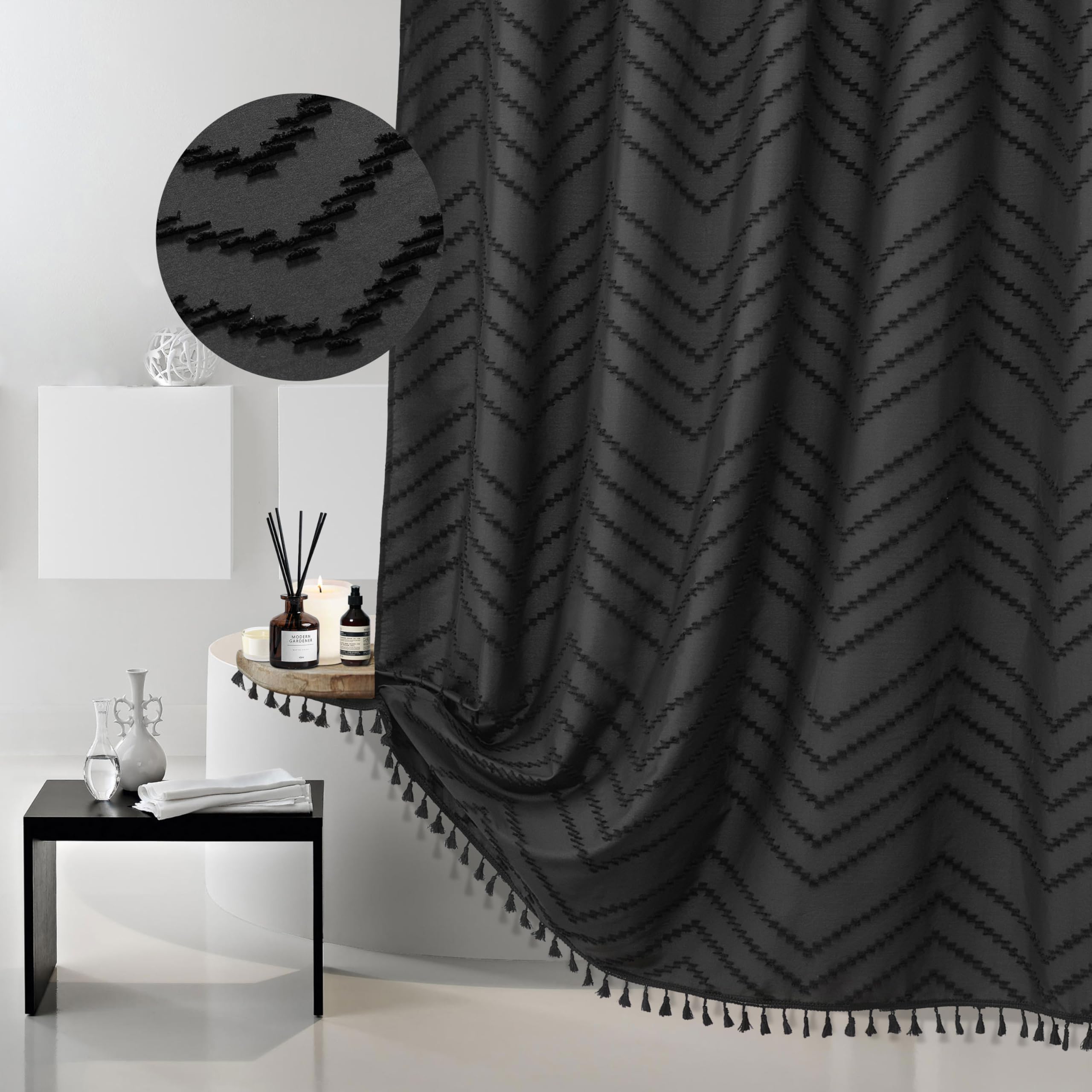Siiluminisoy Boho Shower Curtain Black Tassel Woven Fabric Shower Curtain 60 X 72 Tufted Chevron Striped Textured Modern Farmhou