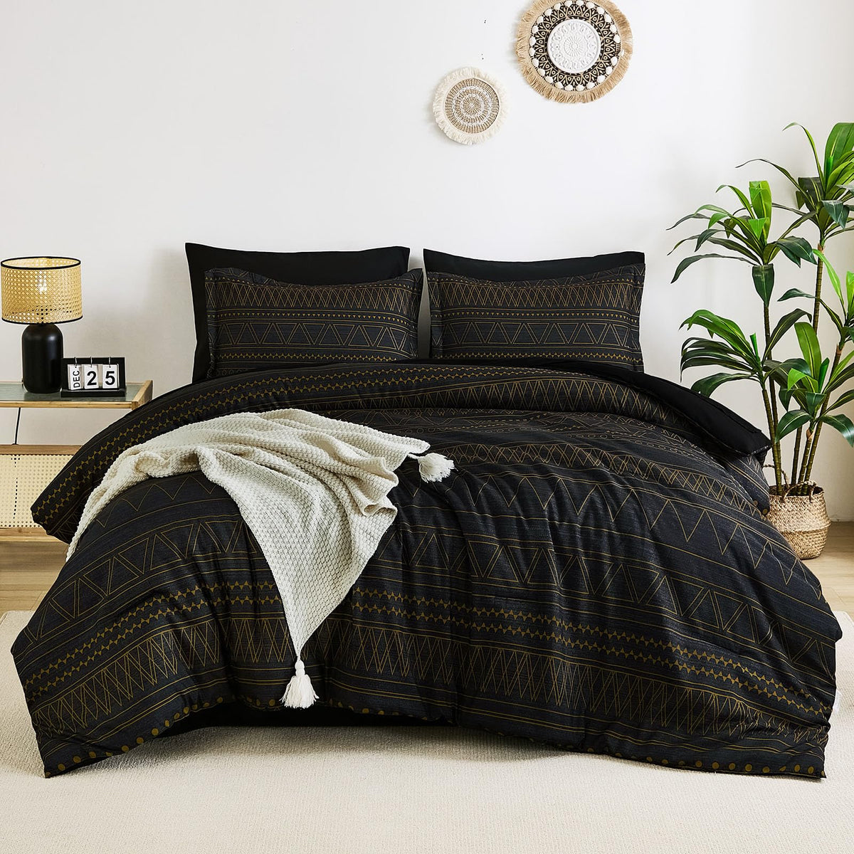 Wongs Bedding Queen Comforter Set 7 Pieces, Boho Black Gold Geometric Striped Comforter For Queen Bed In A Bag, Soft Microfiber