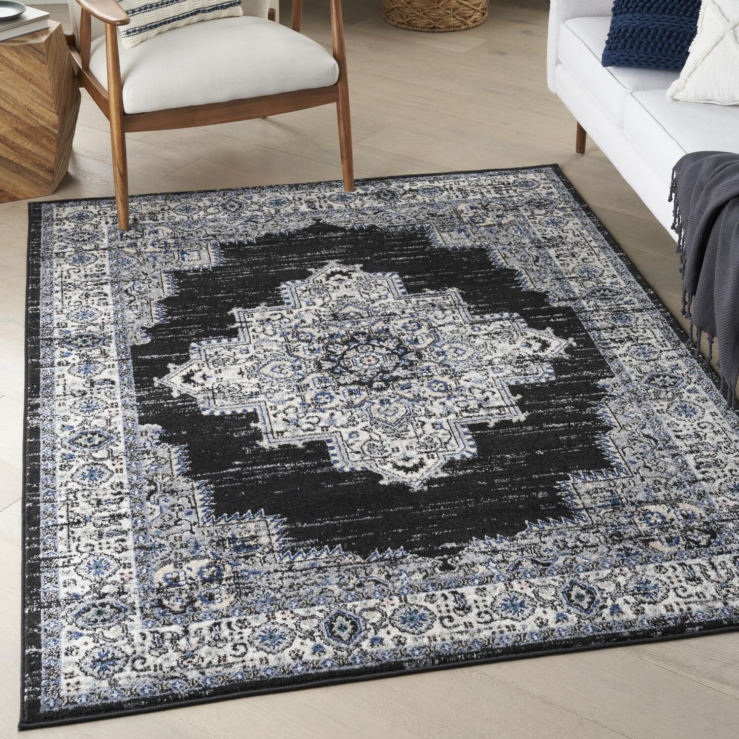 Nourison Passion Black Ivory 5'3'' X 7'3'' Area Rug, Boho, Traditional, Easy-Cleaning, Non Shedding, Bed Room, Living Room, Hall