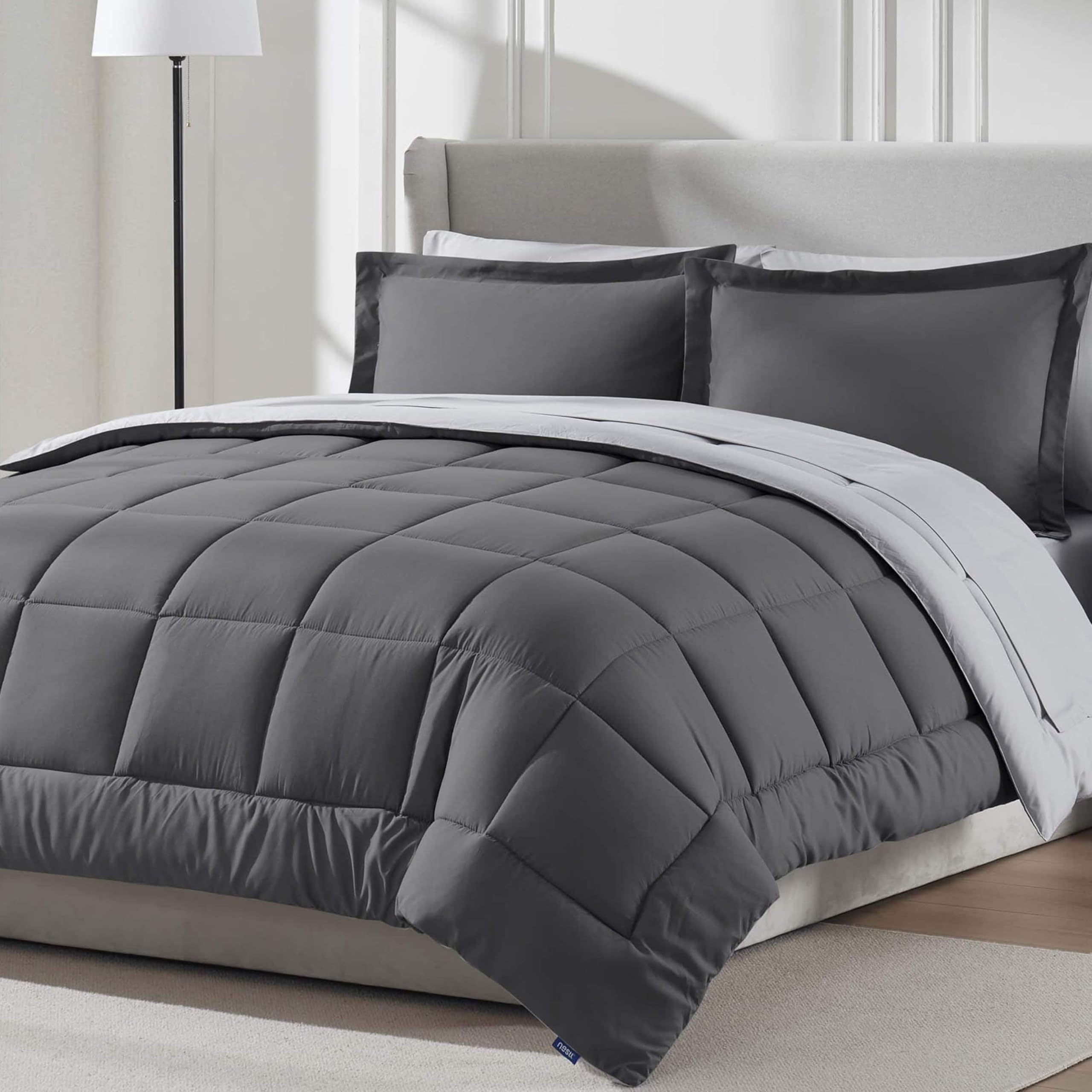 Nestl 7 Piece Queen Comforter Set - Dark Grey Reversible Bed in a Bag - Complete Queen Size Bedding Set with Sheets, Pillowcases