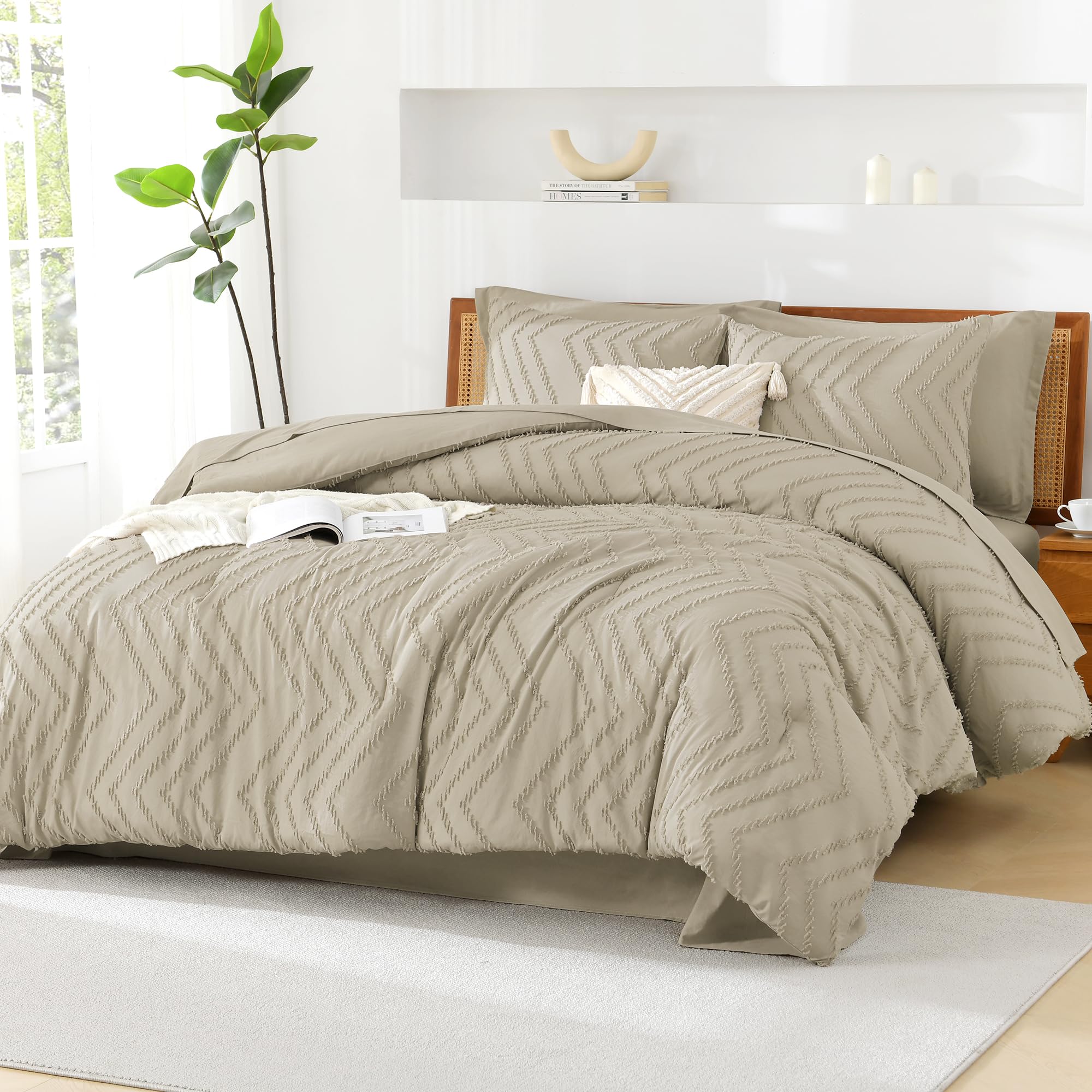 Litanika Light Hazel King Size Comforter Set With Sheets - 7 Pieces Bed In A Bag King Boho Tufted Complete Beddding Sets With Co