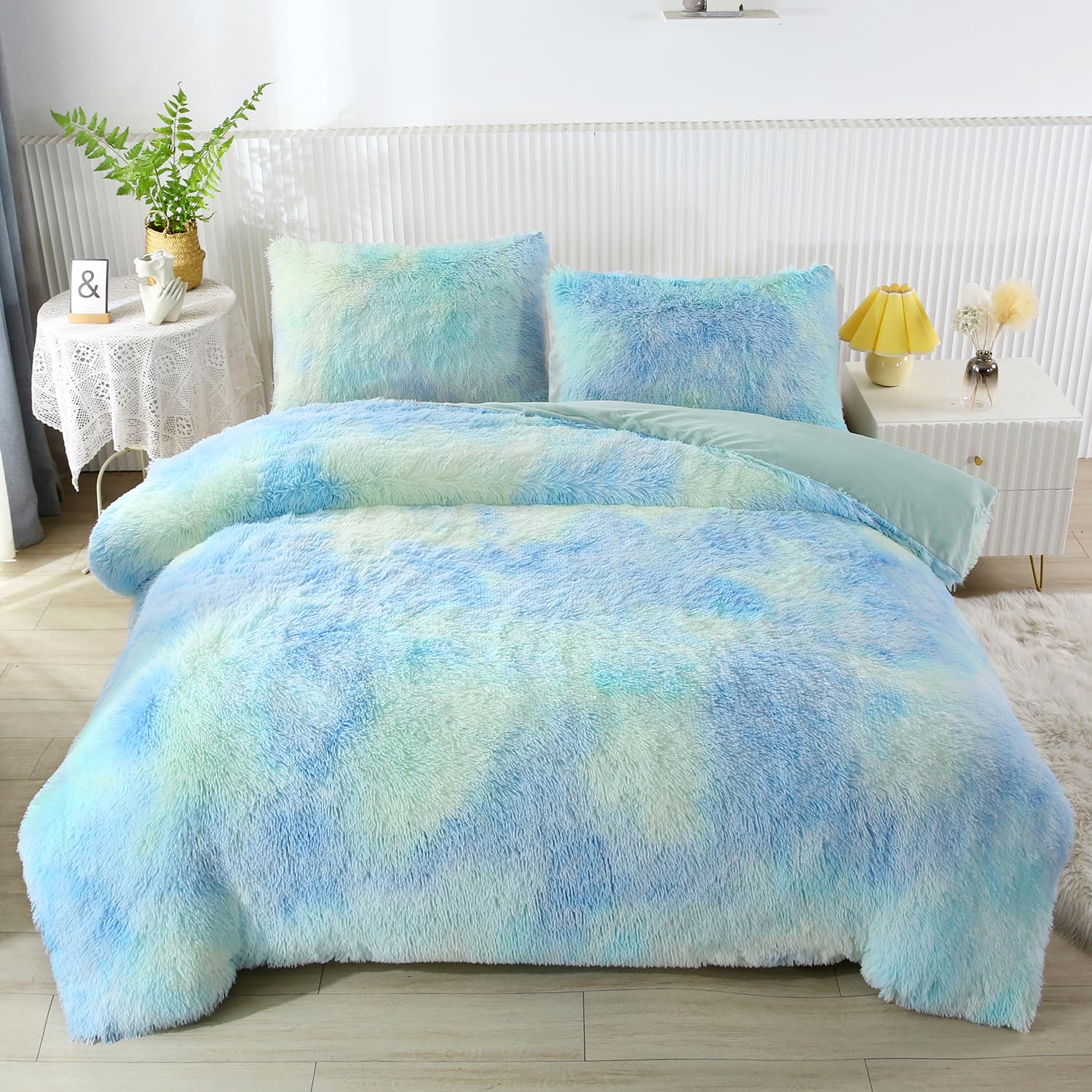 Winlife Shaggy Bedding Comforter Set Faux Fur Flannel Furry Comforter Microfiber Long Hair Fluffy Plush Comforter Sets Ombre Blu