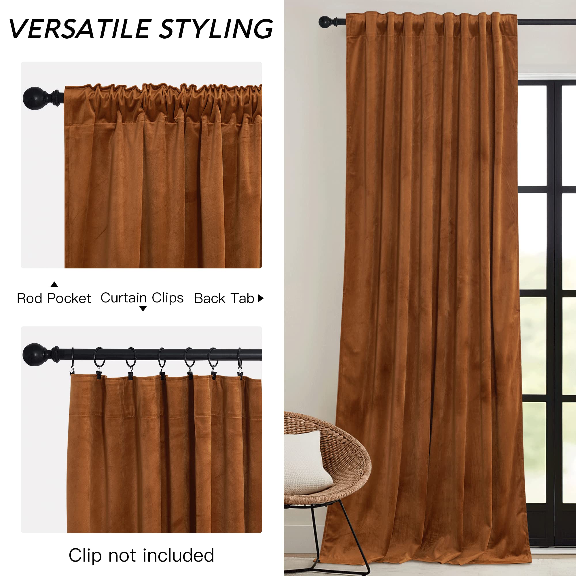 Ryb Home Velvet Curtains 108 Inch, Room Darkening Window Curtains For Living Room Thermal Insulated Privacy Backdrop With Back Tab Loop For Bedroom, Golden Oak, W52 X L108 Inch, 2 Panels