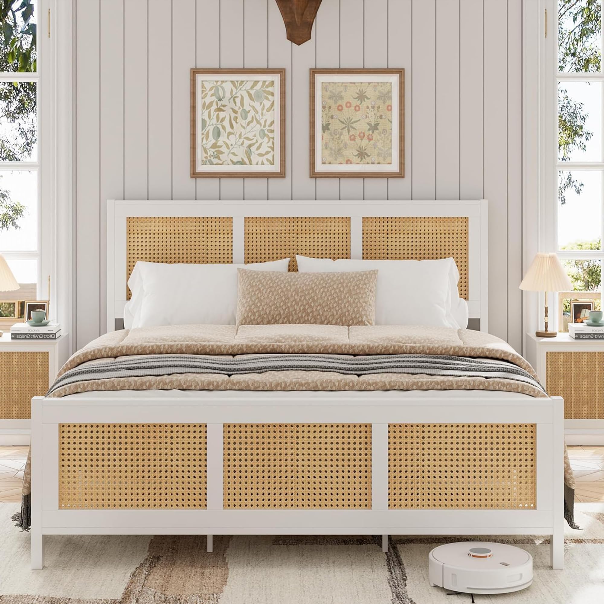 GarveeHome King Size Rattan Bed Frame with Headboard, White Boho Cane Platform Bed Frame with Strong Metal Slat, Noise Free, No 