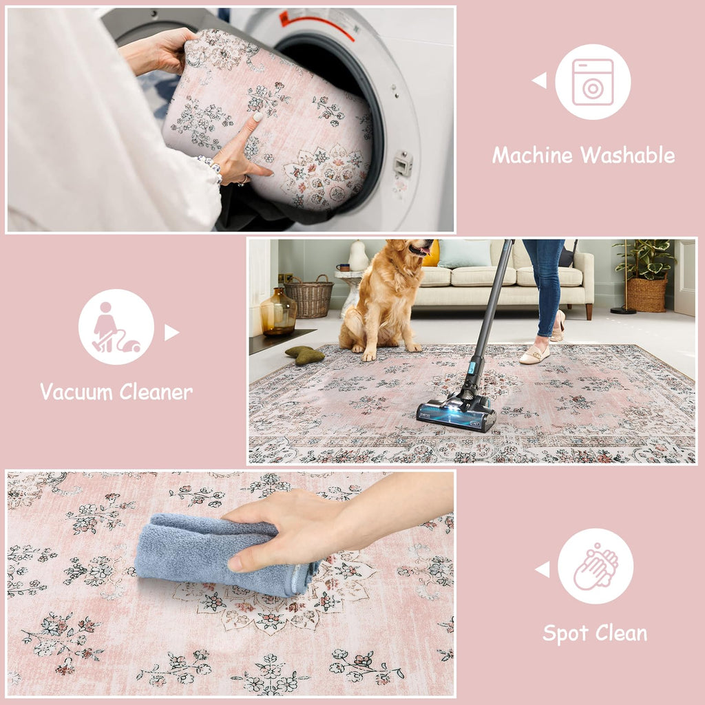 Lahome Pink Runner Rug 2'6''X8' With Rubber Backing, Boho Machine Washable Carpet Runners For Hallways Entryway Non-Slip, Soft F