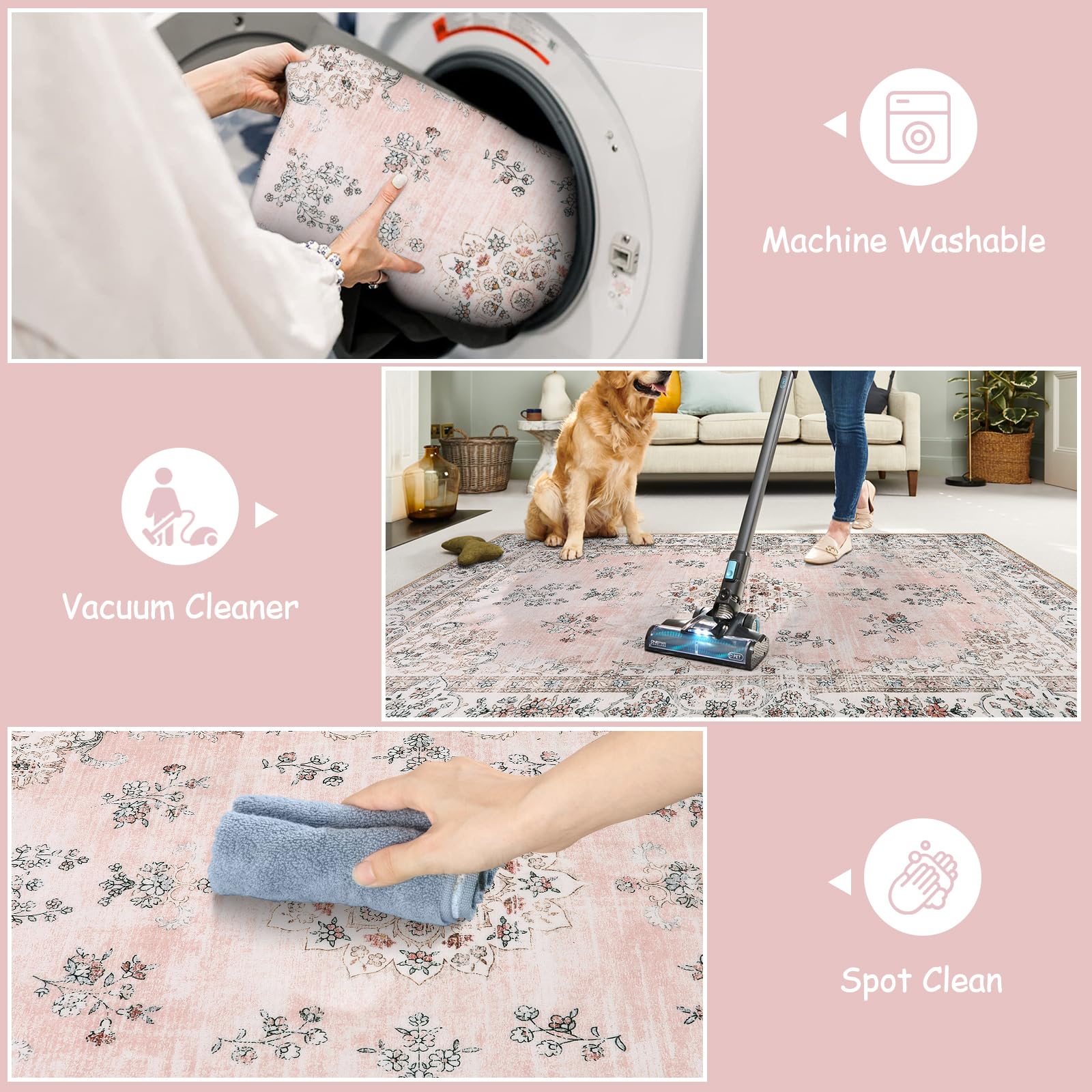 Lahome Pink Runner Rug 2'6''X8' With Rubber Backing, Boho Machine Washable Carpet Runners For Hallways Entryway Non-Slip, Soft F