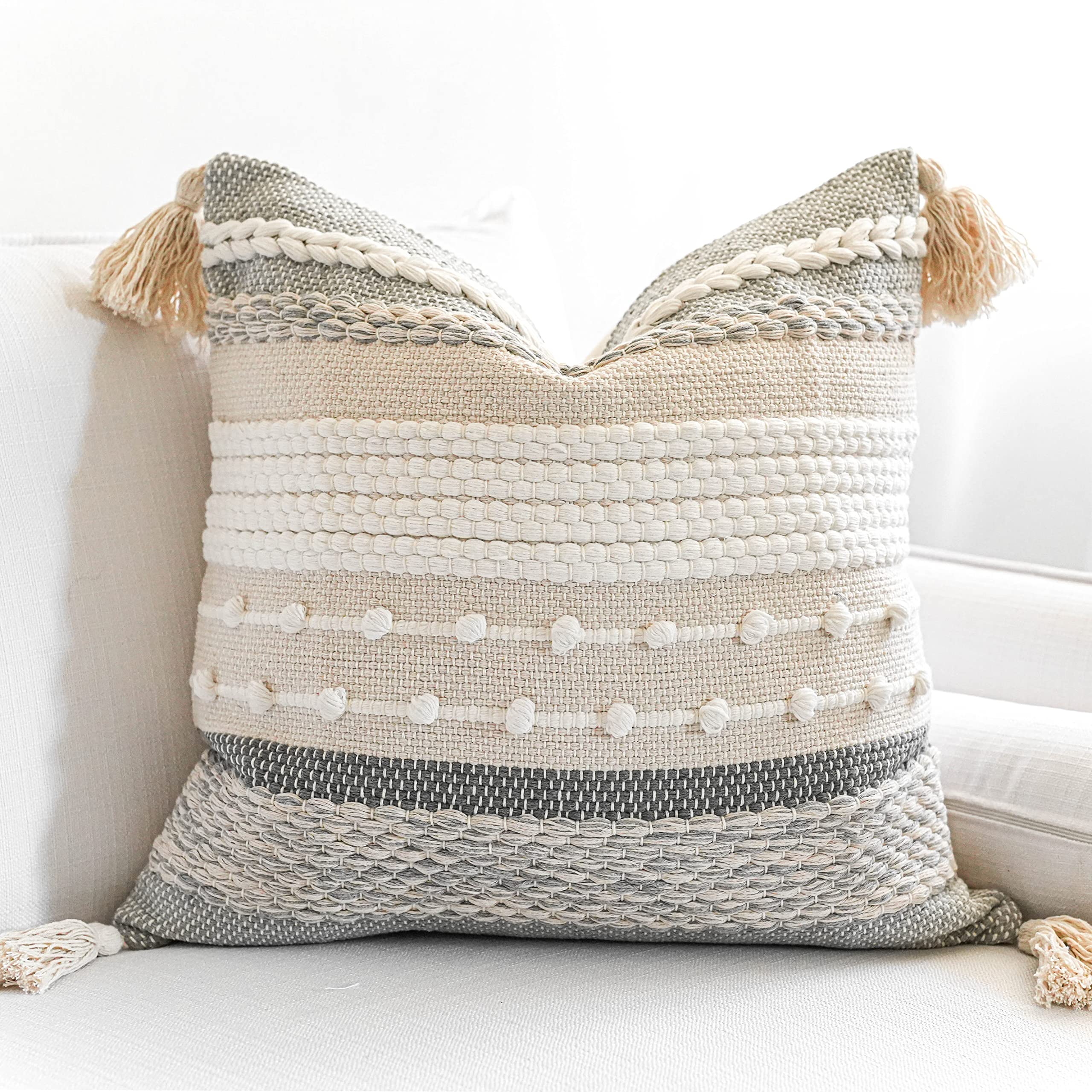 Blissblush Gray Boho Throw Pillow Cover 20X20 Grey Decorative Accent Pillow For Couch Square Woven Textured Pillowcase Modern Fa