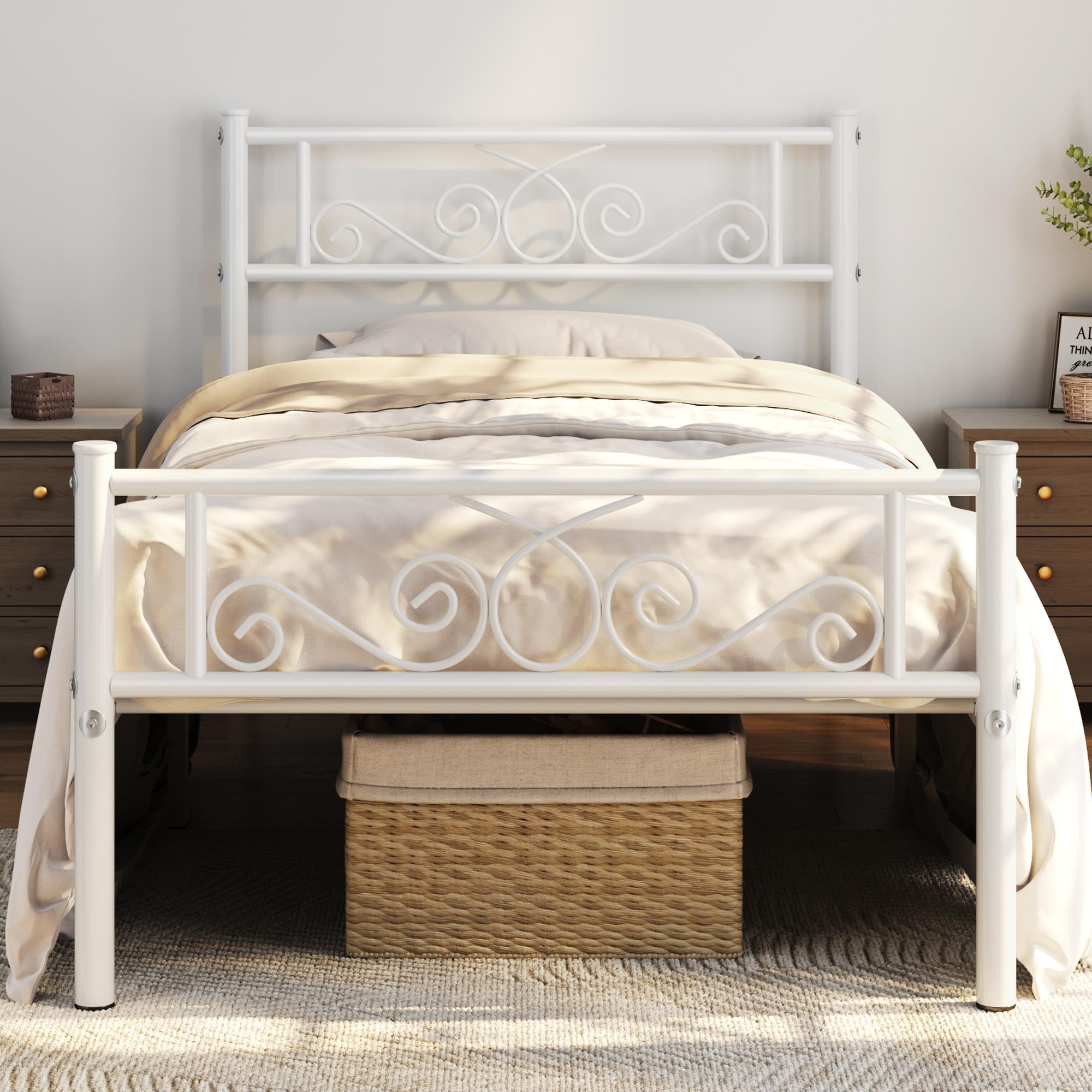 Yaheetech Twin Bed Frames Metal Platform Bed With Headboard And Footboard No Box Spring Needed Easy Assembly,Ground Clearance: 12.6''/White/Twin Bed