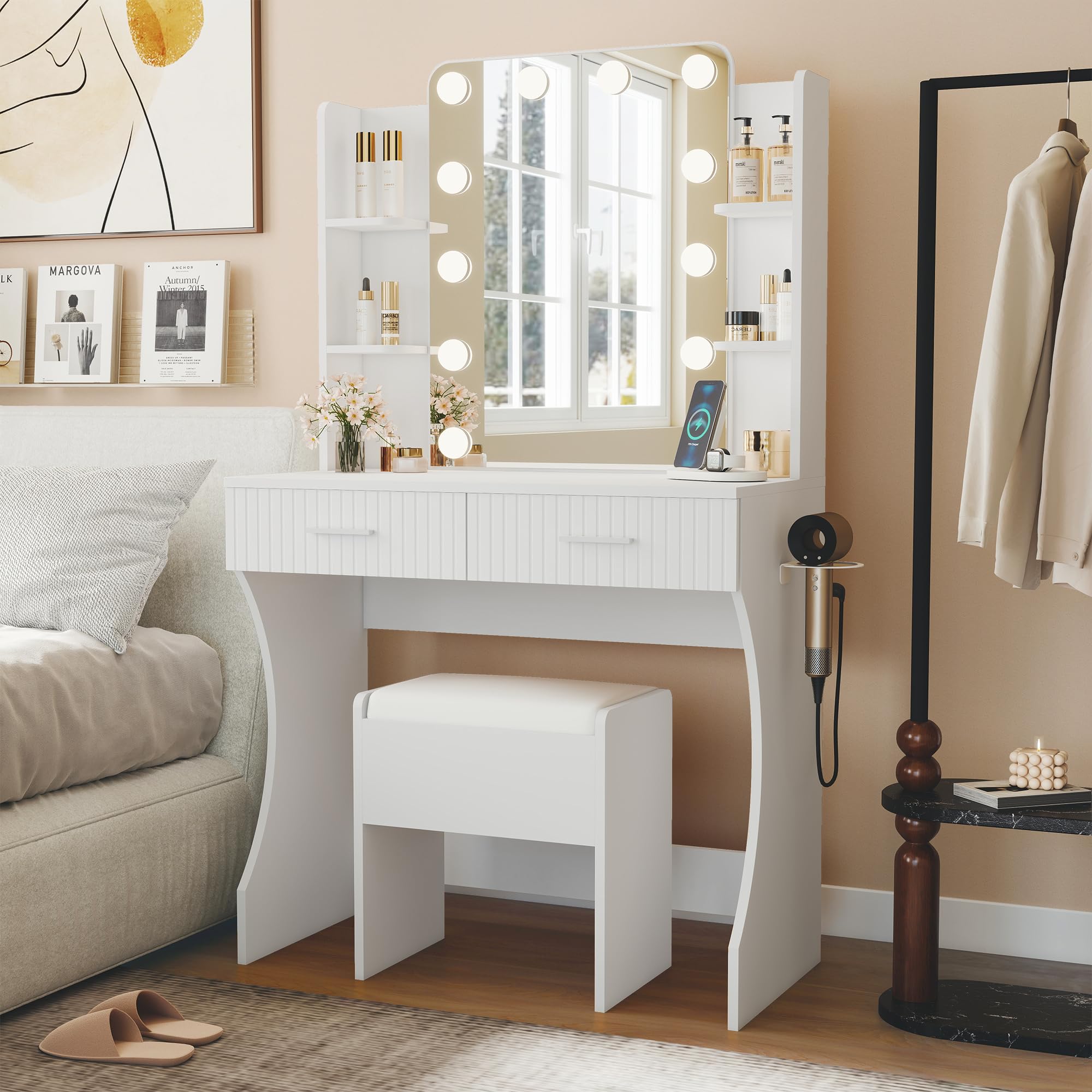 Furnivado Small Vanity Desk with Mirror and Lights, Makeup Vanity Desk with 3 Color Modes Adjustable Bulb, 2 Large Drawers and 4