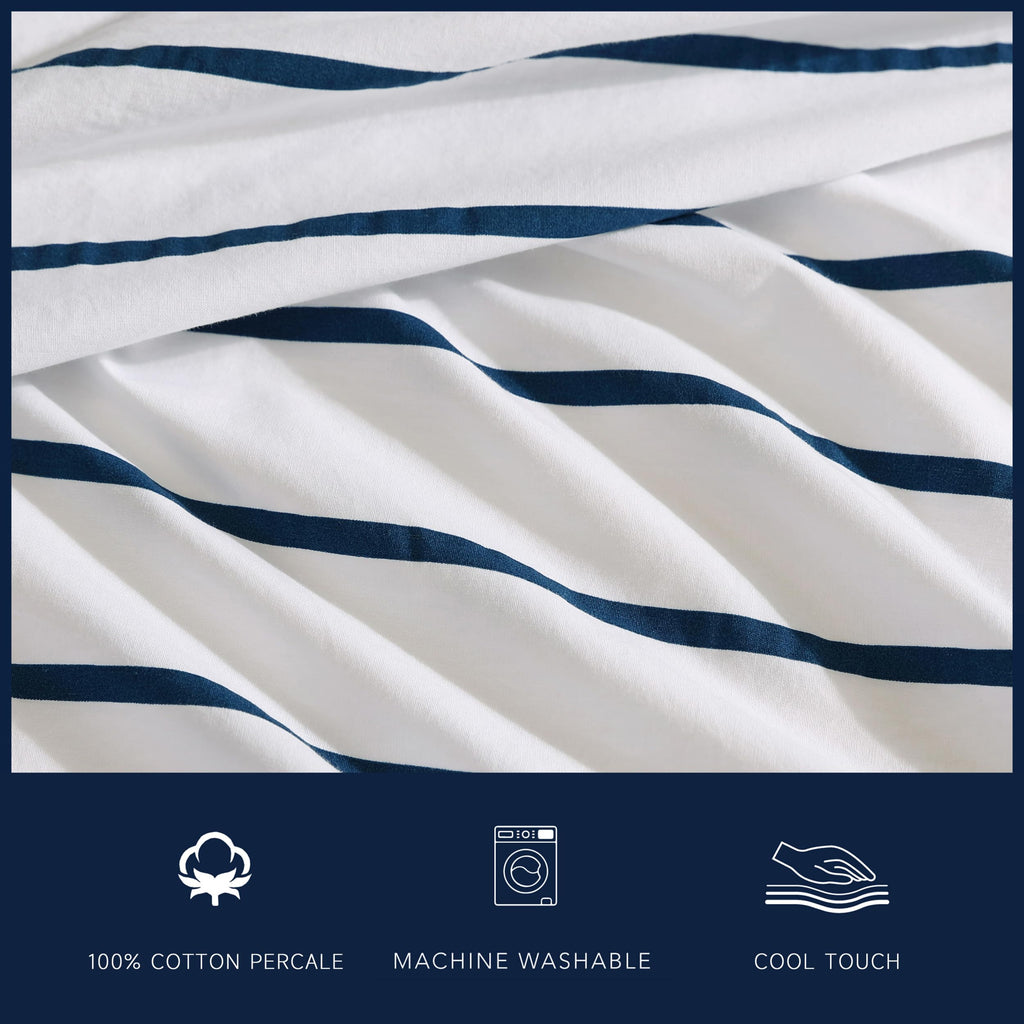 Nautica - Full Sheet Set, Cotton Percale Bedding Set, Crisp & Cool, Lightweight & Breathable (Brenton Stripe Navy Blue, Full)